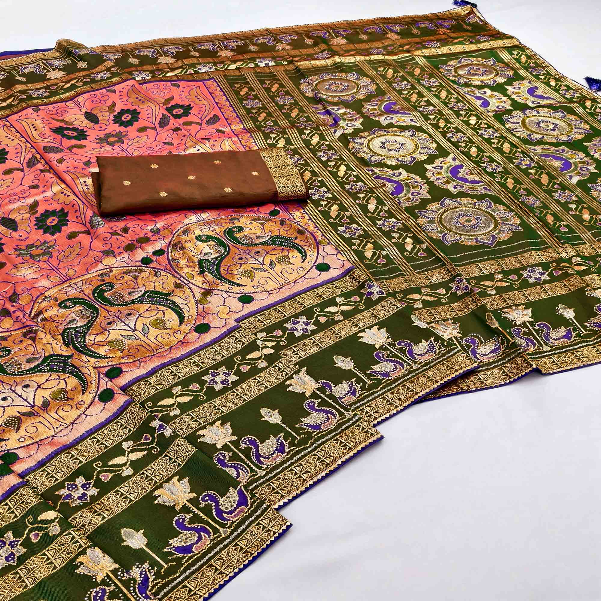 Peach Cotton Silk Saree Adorned with Elegant Swarovski Work and Fine Woven Detailing