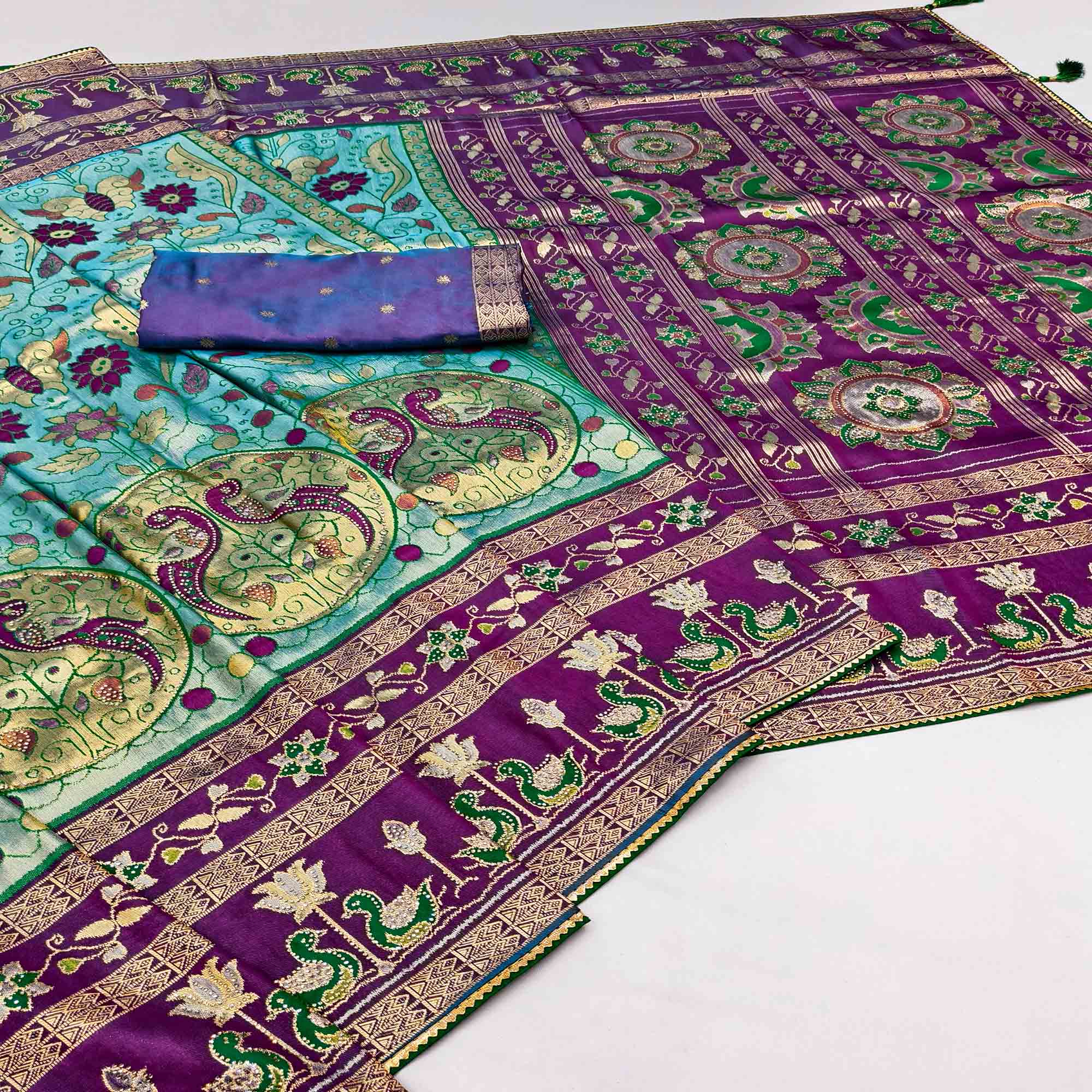 Rama Blue Cotton Silk Saree Adorned with Elegant Swarovski Work and Fine Woven Detailing