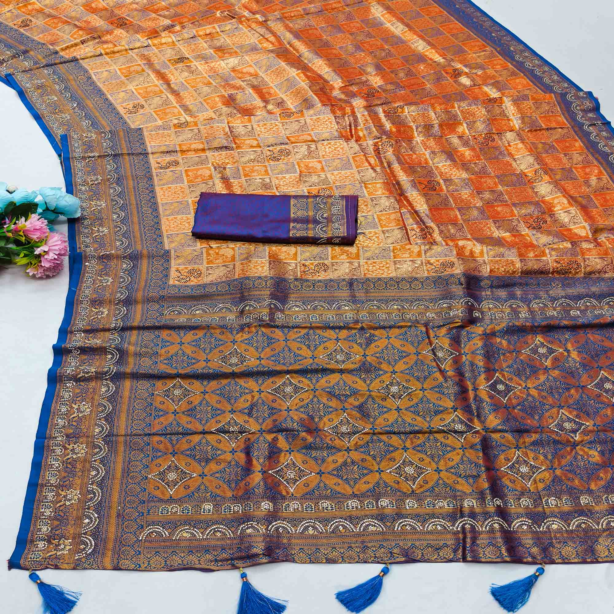 Orange Lightweight Cotton Silk Saree Highlighted with Intricate Woven Patterns and Swarovski Sparkle
