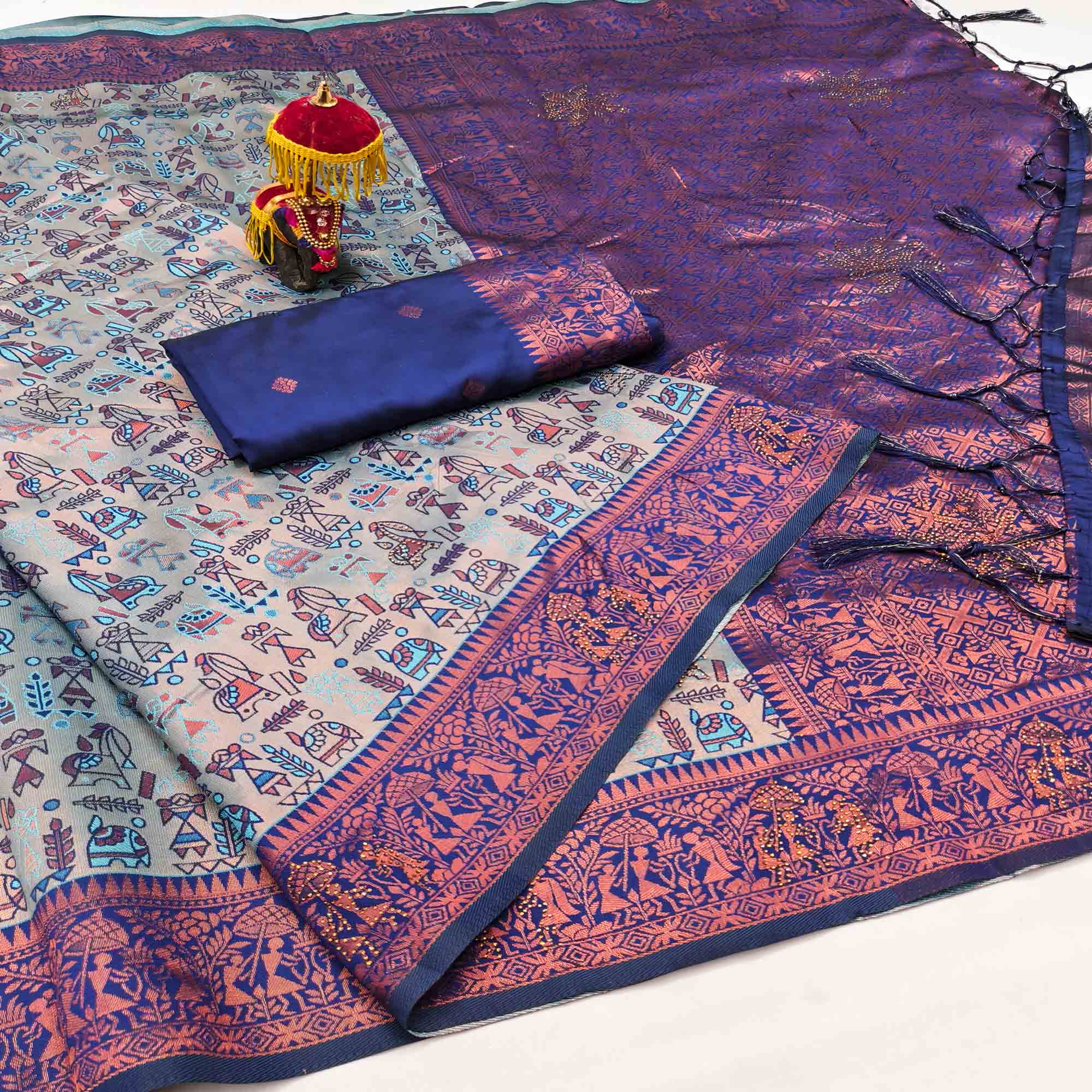 Greyish Blue & Royal Blue Tissue Silk Saree Featuring Intricate Weaving with Swarovski Embellishment