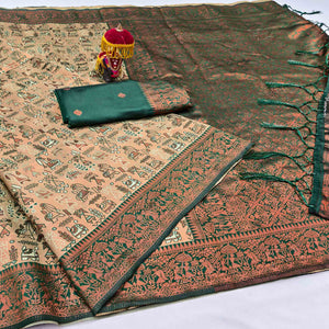 Beige & Bottle Green Tissue Silk Saree Featuring Intricate Weaving with Swarovski Embellishments
