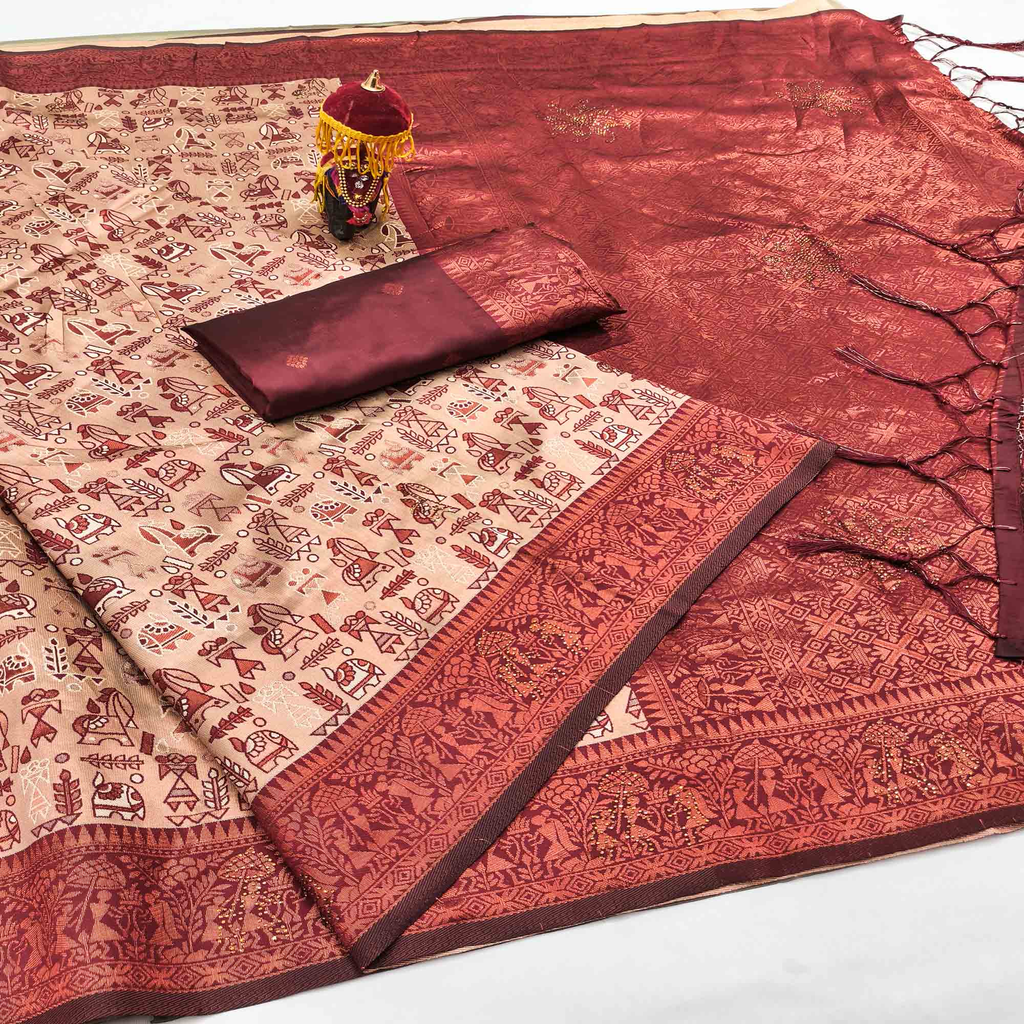 Cream & Maroon Tissue Silk Saree Featuring Intricate Weaving with Sparkling Swarovski Embellishments