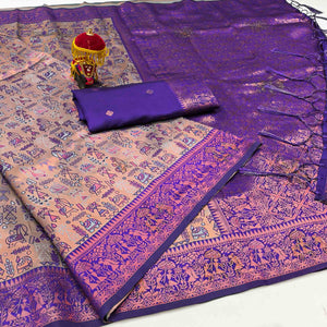 Beige & Violet Tissue Silk Saree Featuring Intricate Weaving with Sparkling Swarovski Embellishments