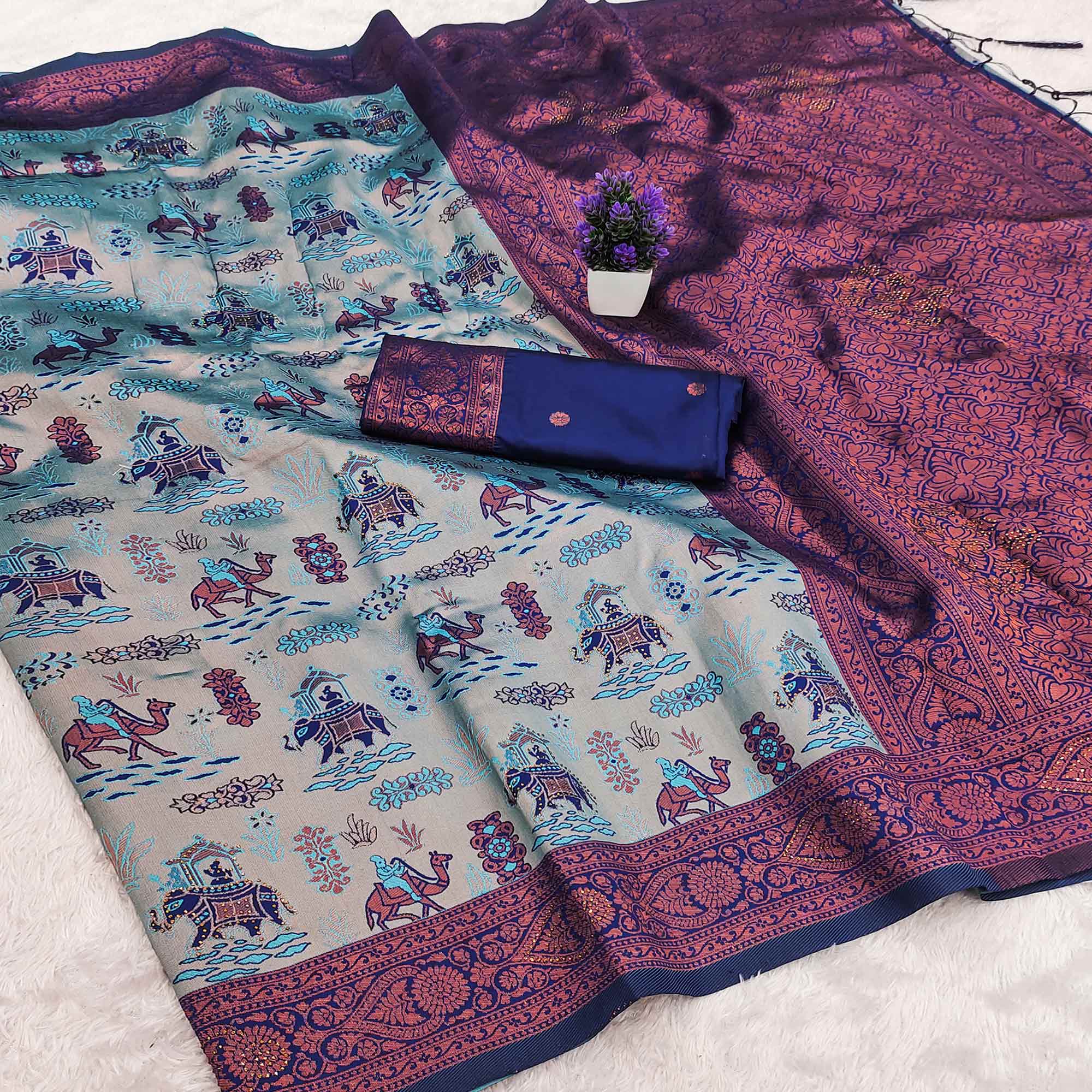 Greyish Blue & Royal Blue Tissue Silk Saree Highlighted with Artistic Weaving & Swarovski Sparkle