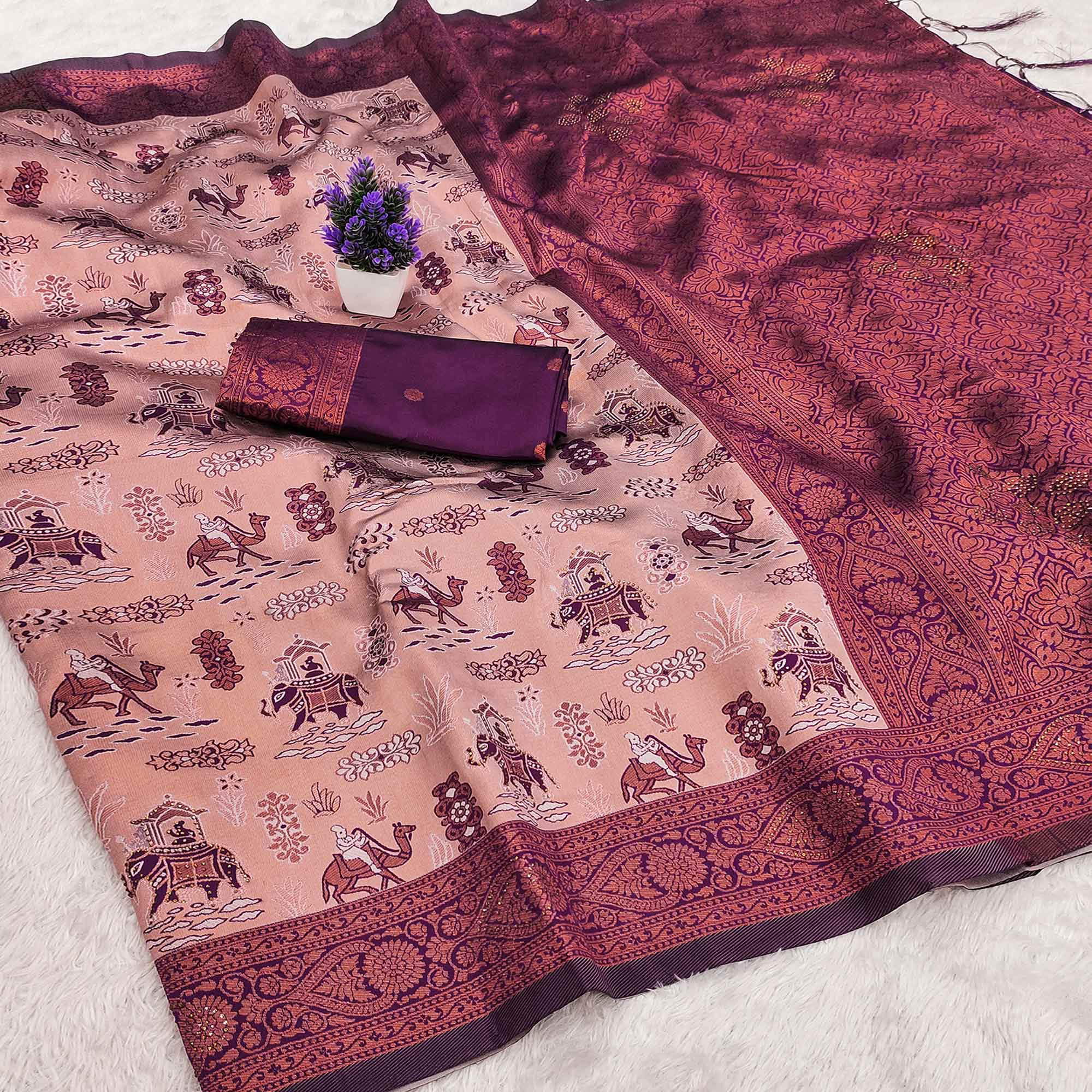 Peach & Purple Lightweight Tissue Silk Saree Highlighted with Artistic Weaving & Swarovski Sparkle