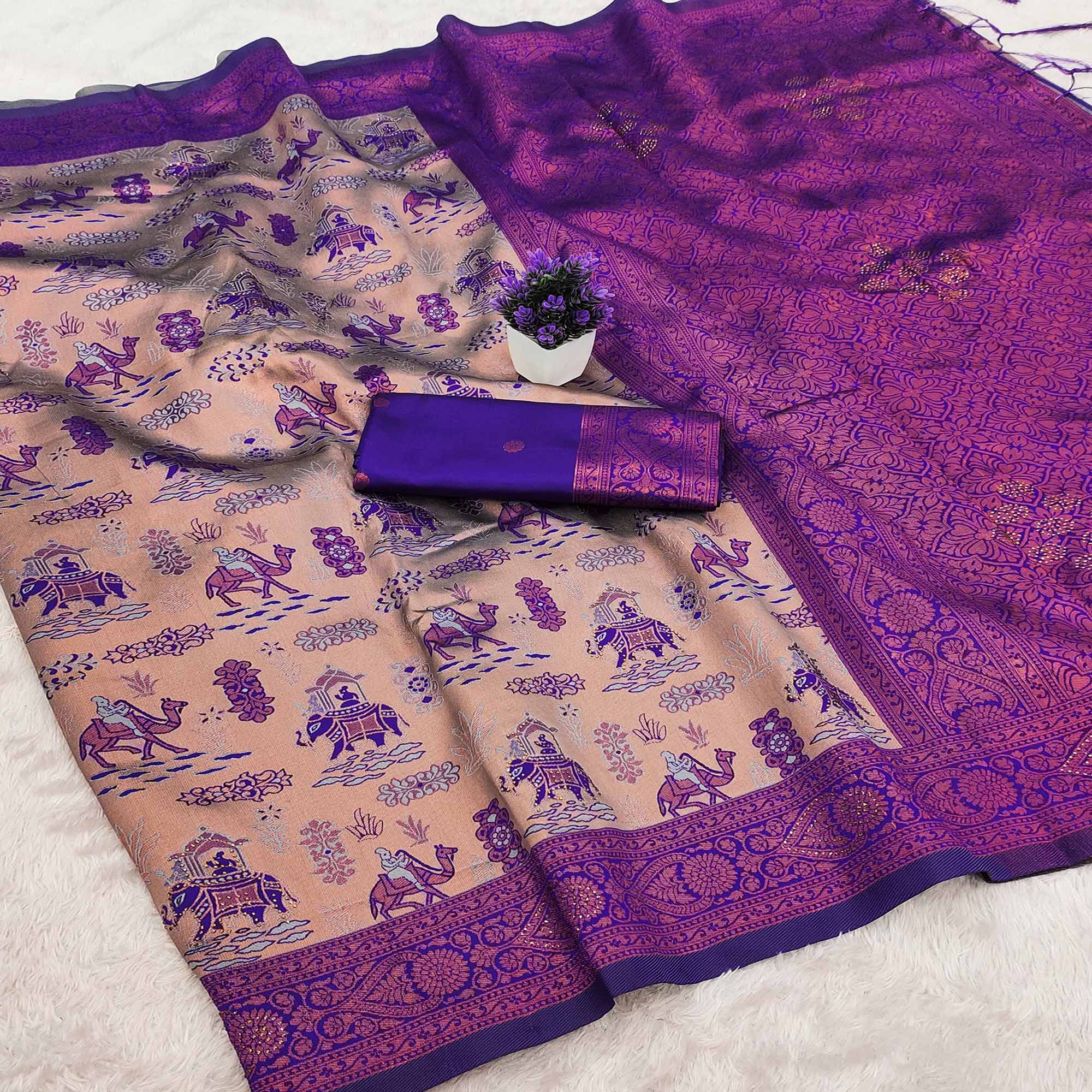 Beige & Violet Lightweight Tissue Silk Saree Highlighted with Artistic Weaving & Swarovski Sparkle