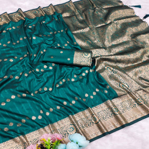 Teal Zari-Woven Cotton Silk Saree Featuring a Graceful Drape and Delicate Tassel Detailing