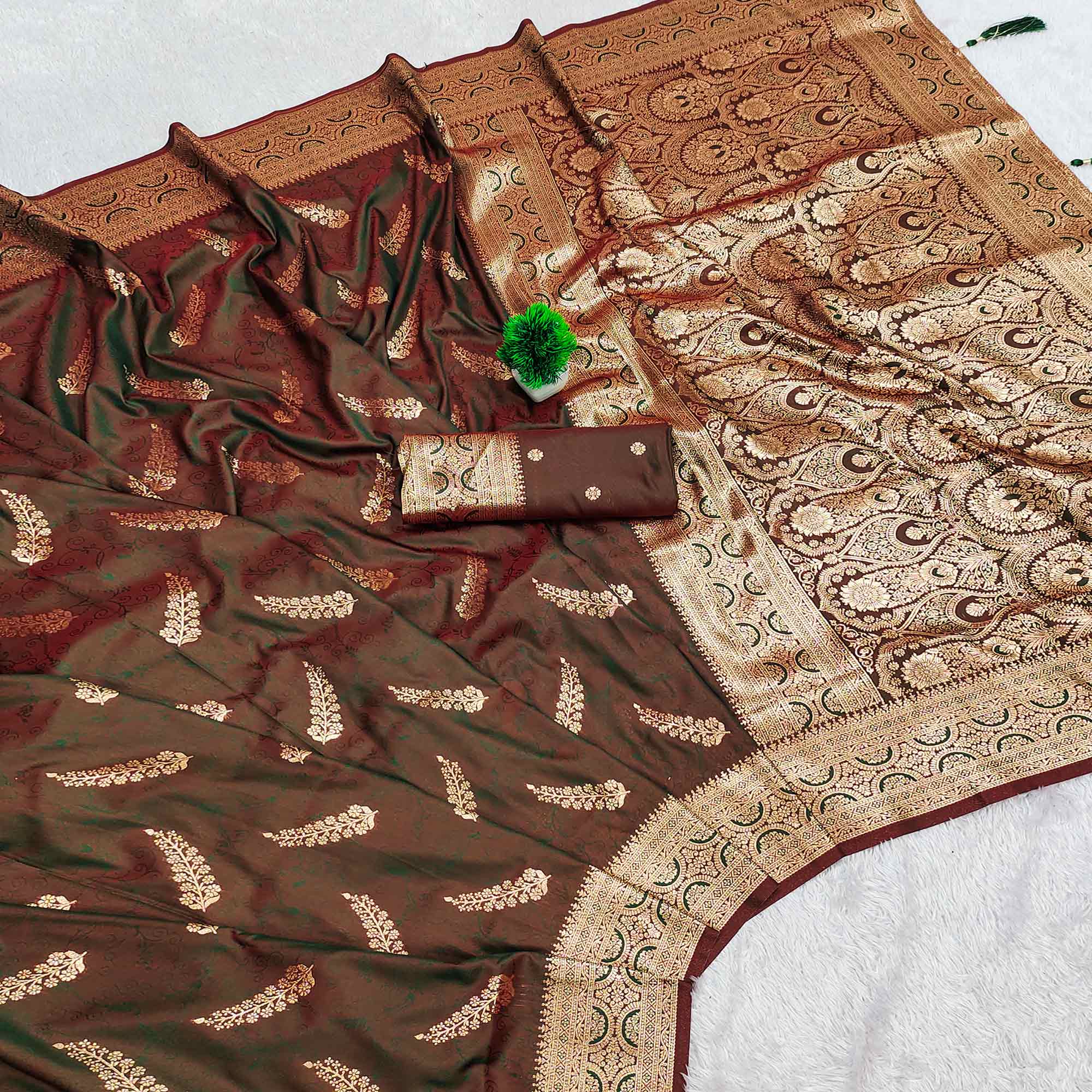 Brown Traditional Cotton Silk Saree Enhanced with Fine Zari Work and Decorative Tassel Edges