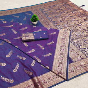 Violet Traditional Cotton Silk Saree Enhanced with Fine Zari Work and Decorative Tassel Edges