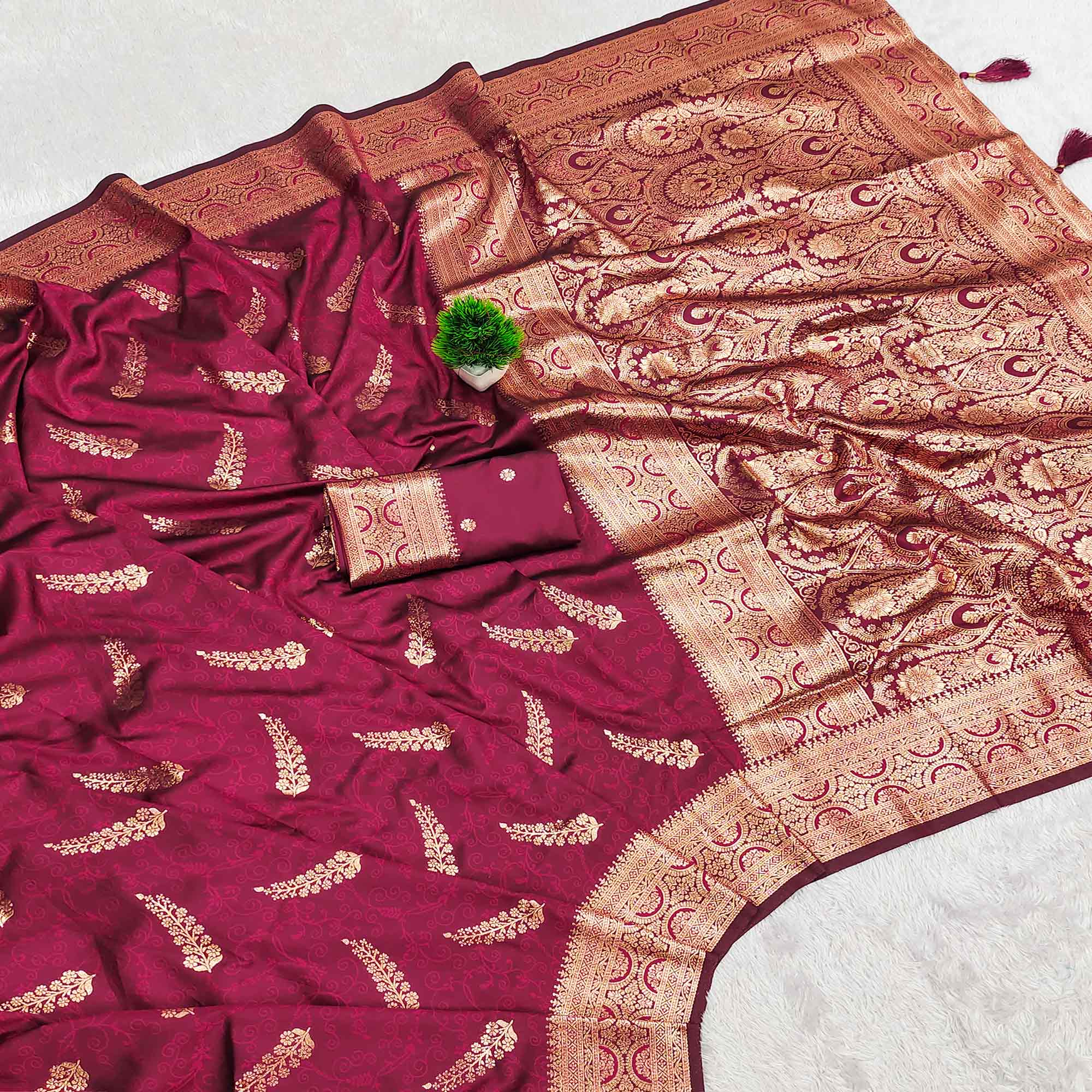 Wine Traditional Cotton Silk Saree Enhanced with Fine Zari Work and Decorative Tassel Edges