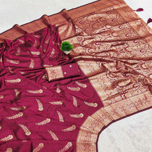 Wine Traditional Cotton Silk Saree Enhanced with Fine Zari Work and Decorative Tassel Edges
