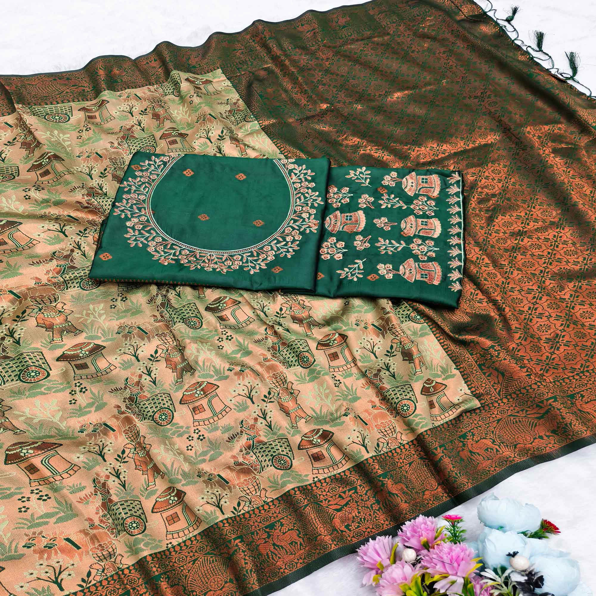 Green Tissue Silk Saree Adorned with Intricate Zari Weaving for a Rich Festive Look