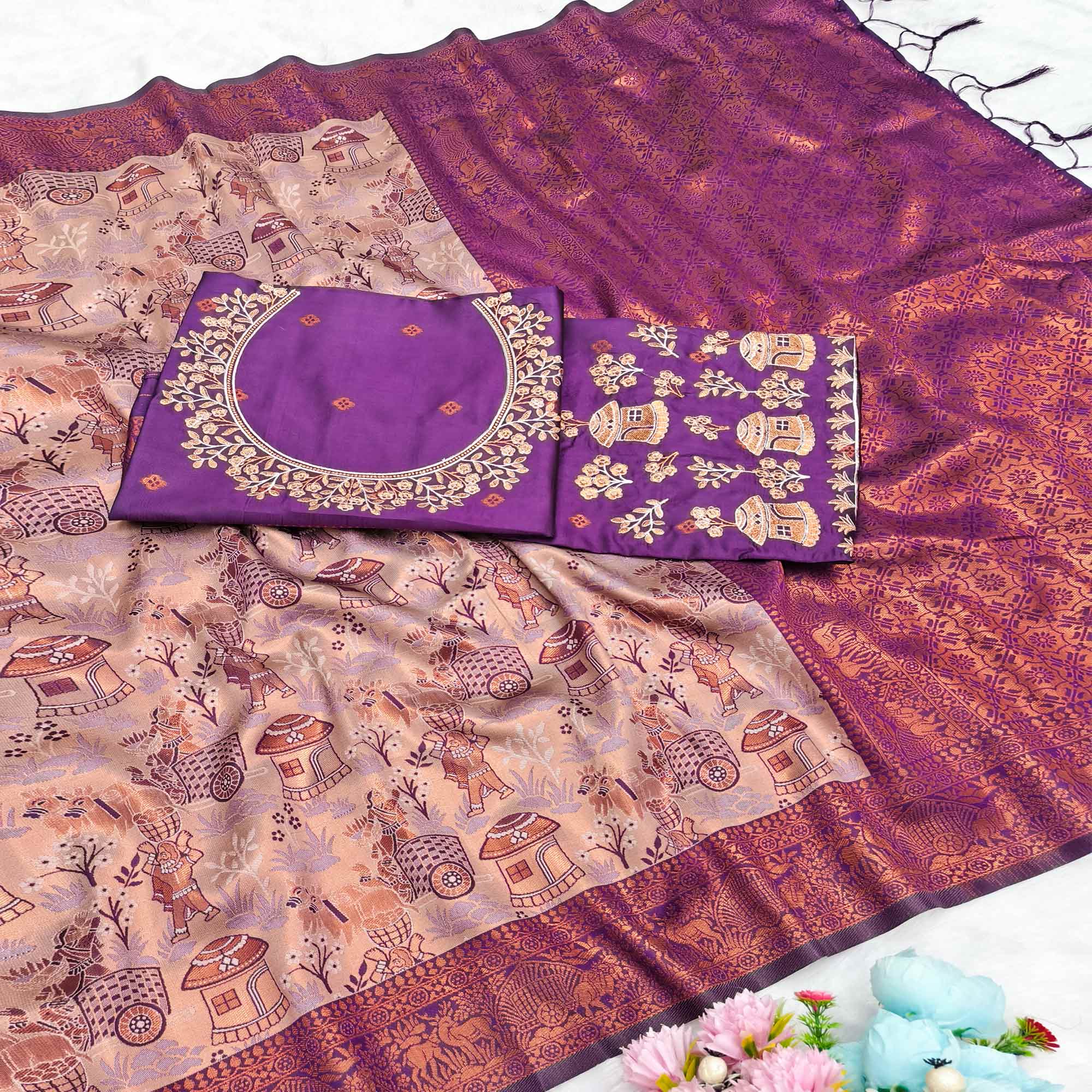 Beige & Purple Tissue Silk Saree Adorned with Intricate Zari Weaving for a Rich Festive Look