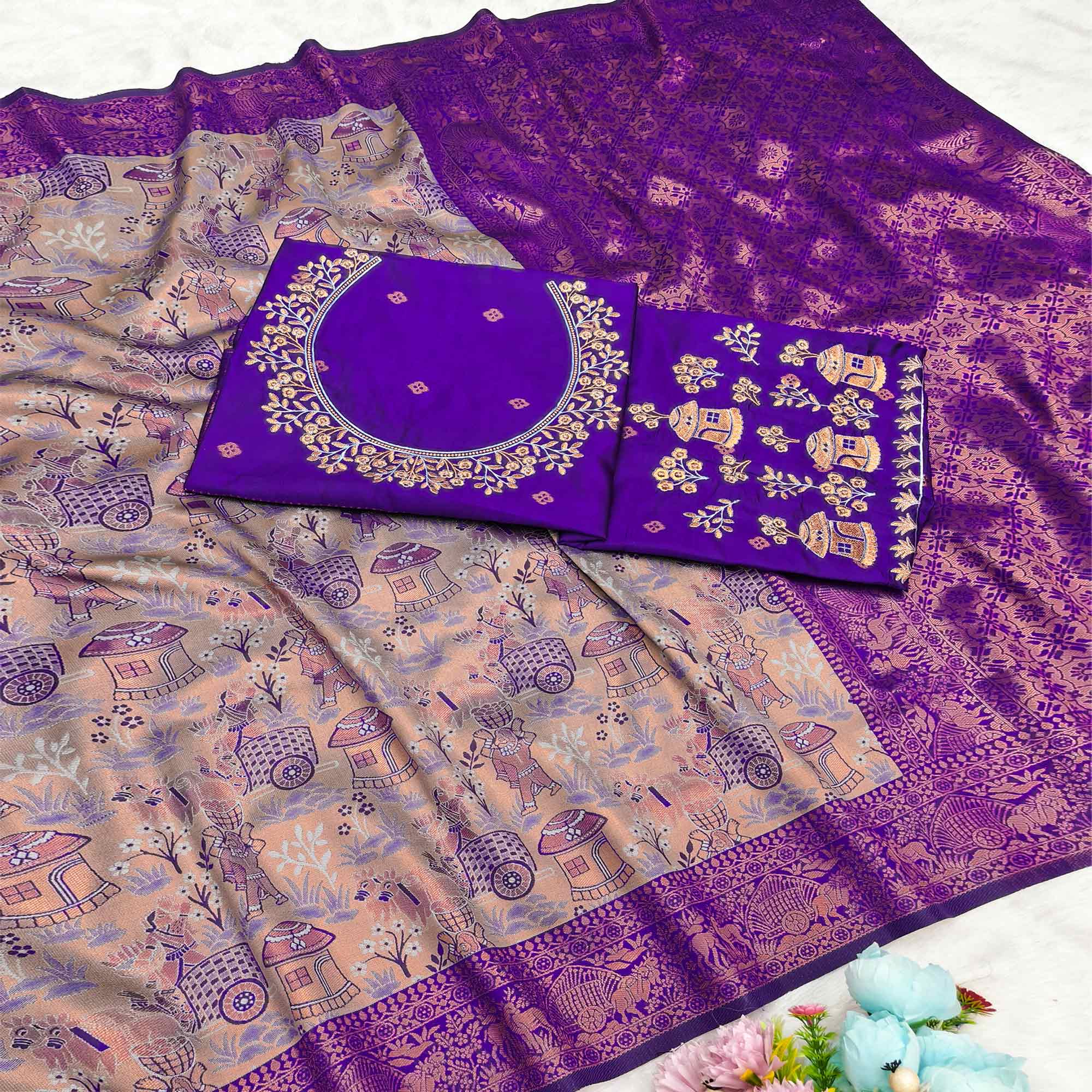 Beige & Violet Tissue Silk Saree Adorned with Intricate Zari Weaving for a Rich Festive Look