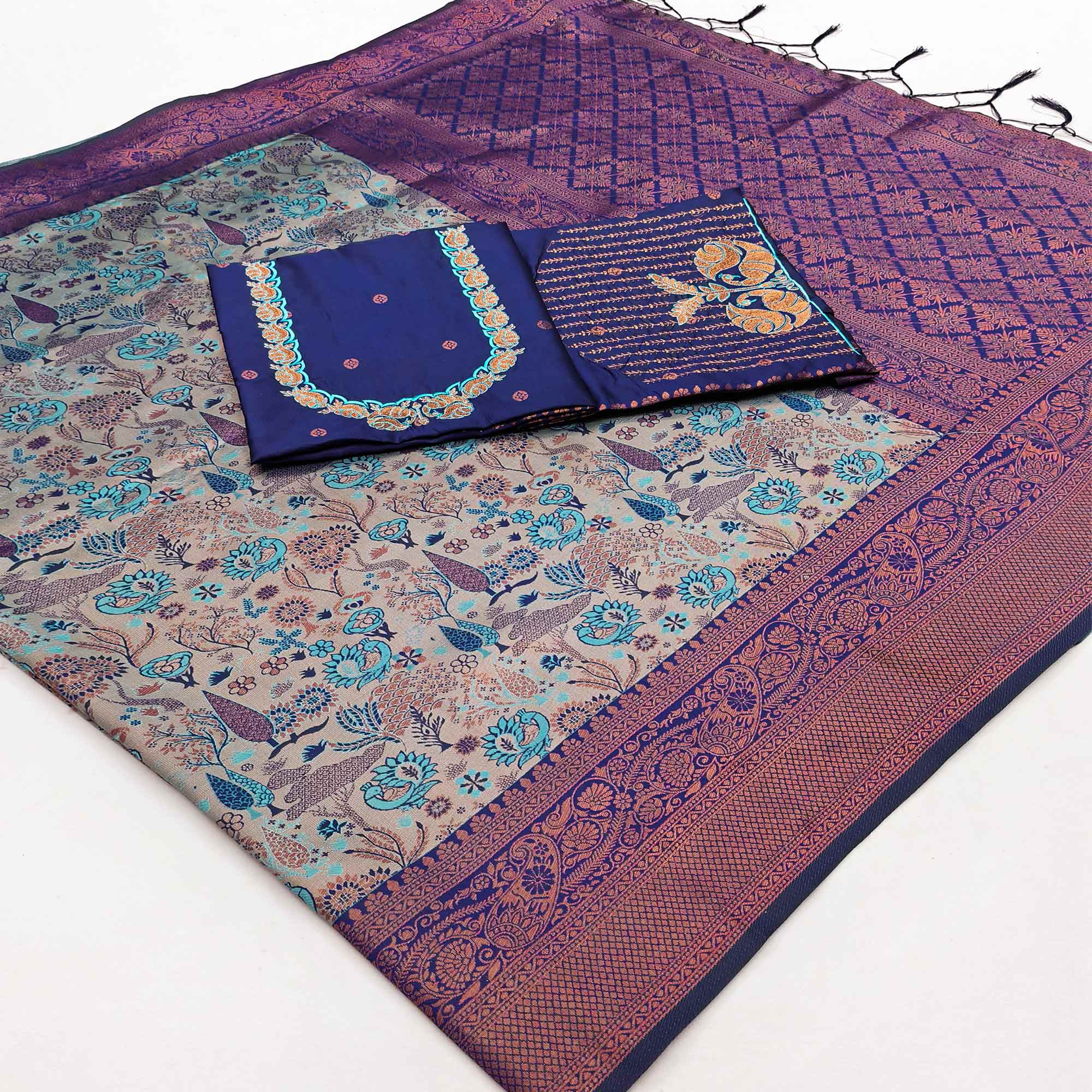 Greyish Blue & Royal Blue Handwoven Tissue Silk Saree Showcasing Refined Zari Patterns
