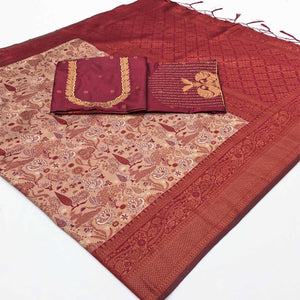 Beige & Maroon Handwoven Tissue Silk Saree Showcasing Refined Zari Patterns and Timeless Elegance