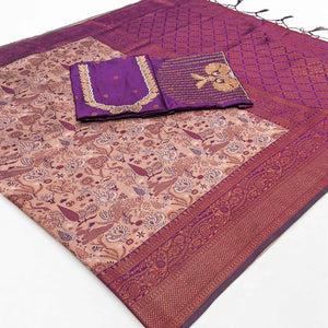 Beige & Purple Handwoven Tissue Silk Saree Showcasing Refined Zari Patterns and Timeless Elegance