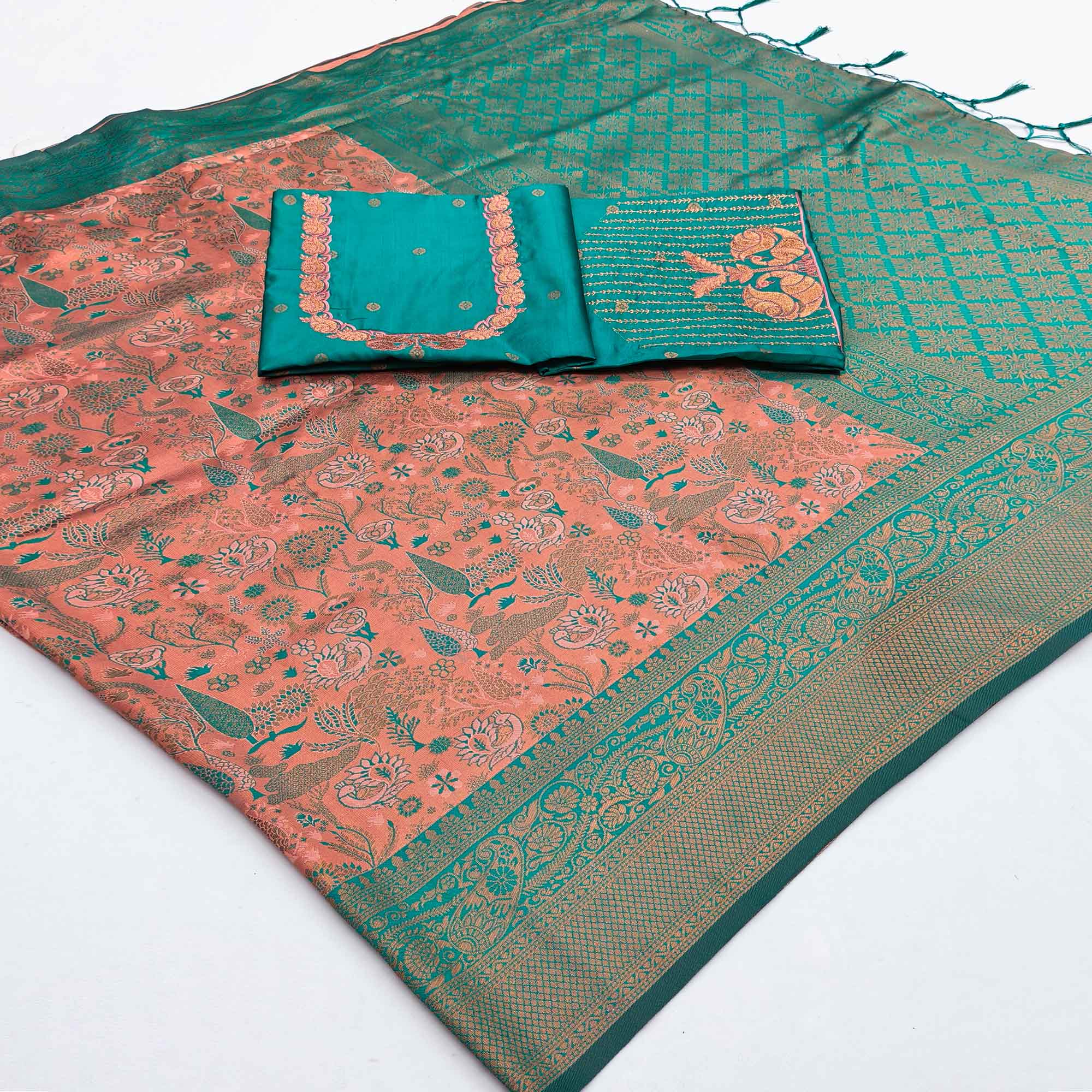 Peach & Teal Handwoven Tissue Silk Saree Showcasing Refined Zari Patterns and Timeless Elegance