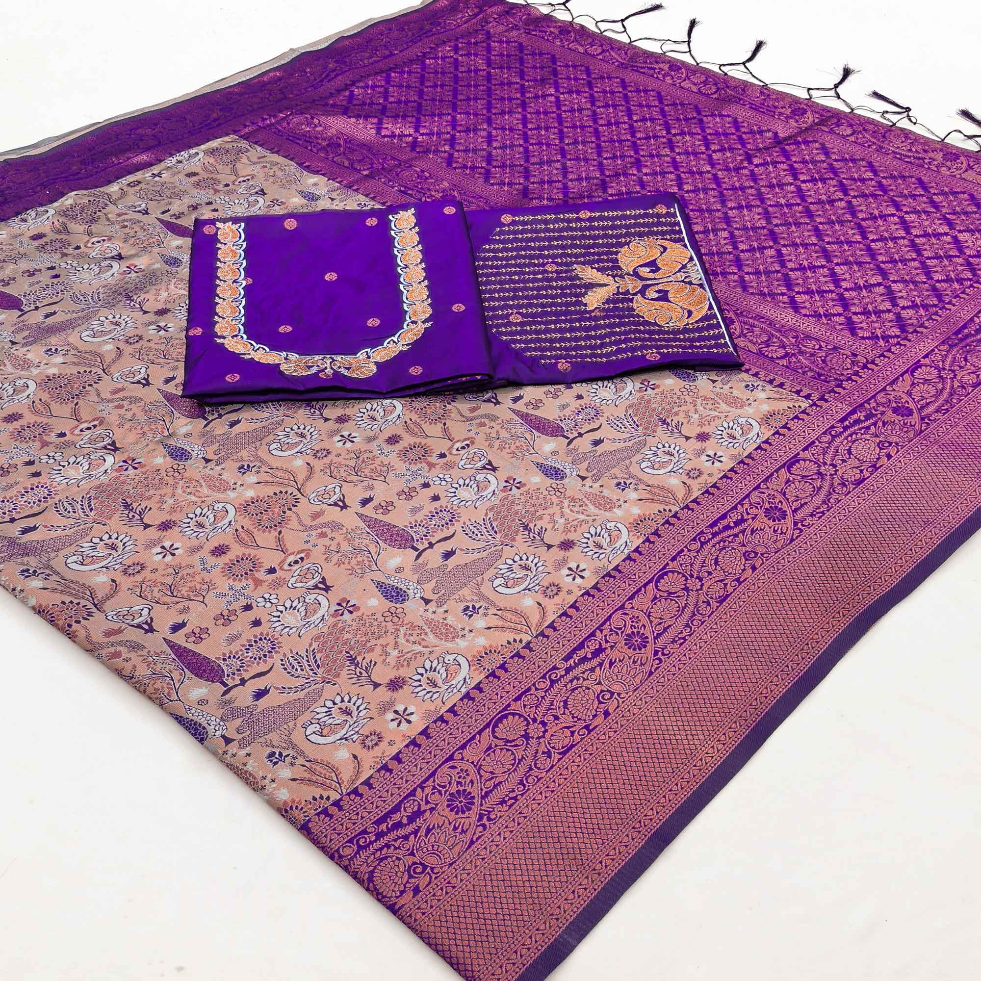 Beige & Violet Handwoven Tissue Silk Saree Showcasing Refined Zari Patterns and Timeless Elegance