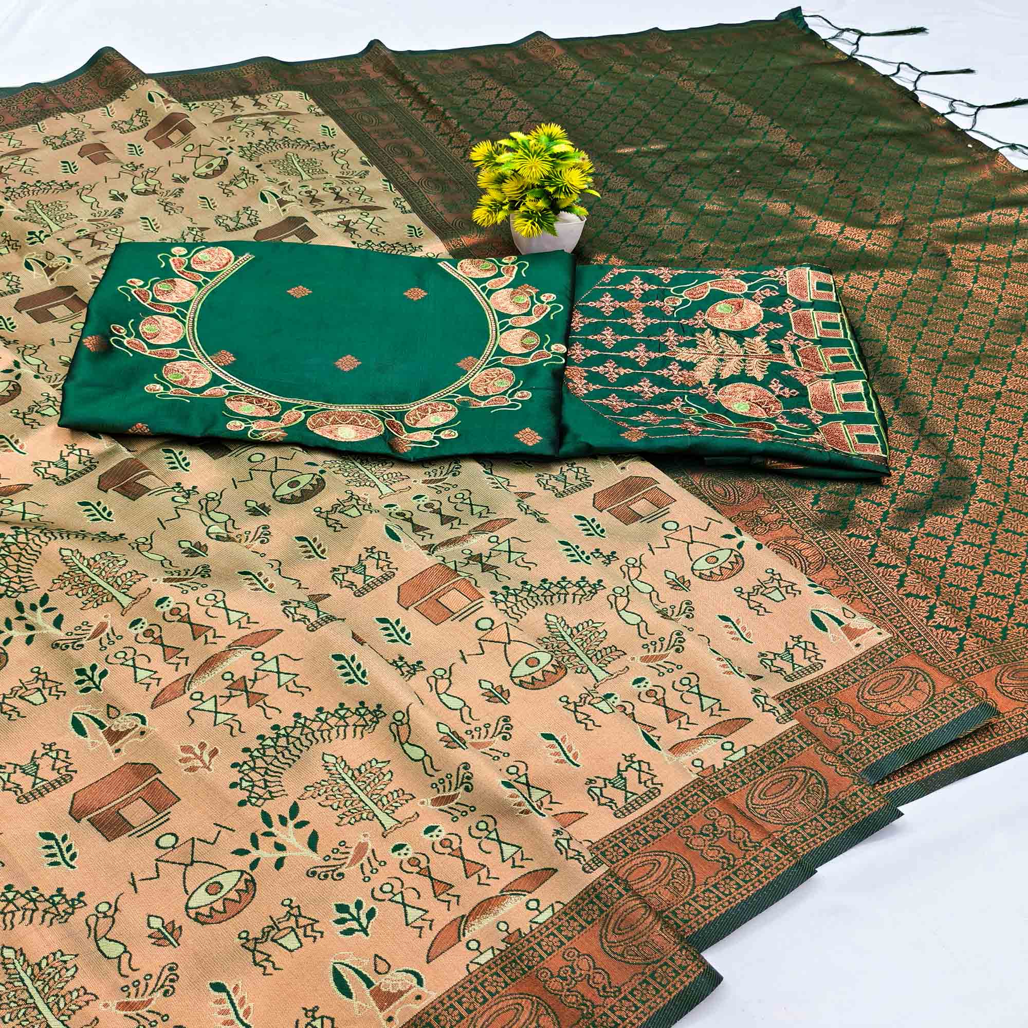 Green Classic Tissue Silk Saree Highlighted with Fine Zari Woven Motifs for Traditional Occasions
