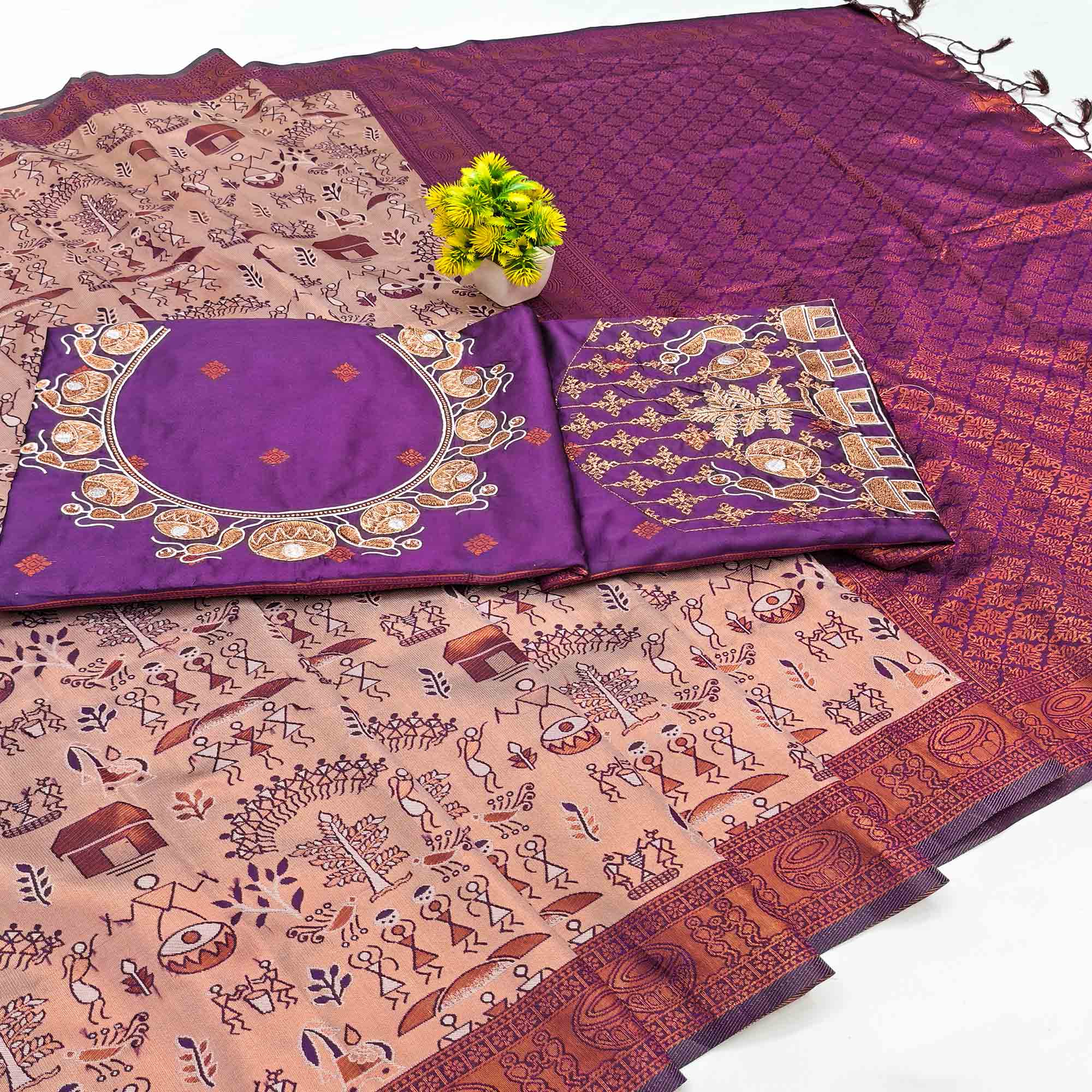 Beige & Purple Tissue Silk Saree Highlighted with Zari Woven Motifs for Traditional Occasions