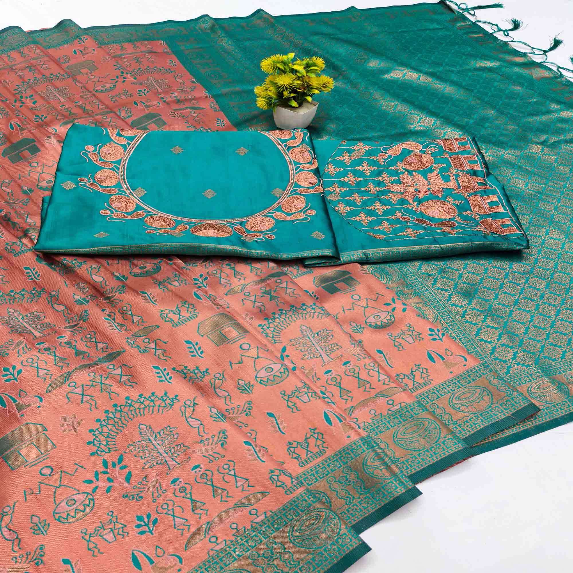 Peach & Teal Classic Tissue Silk Saree Highlighted with Zari Woven Motifs for Traditional Occasions