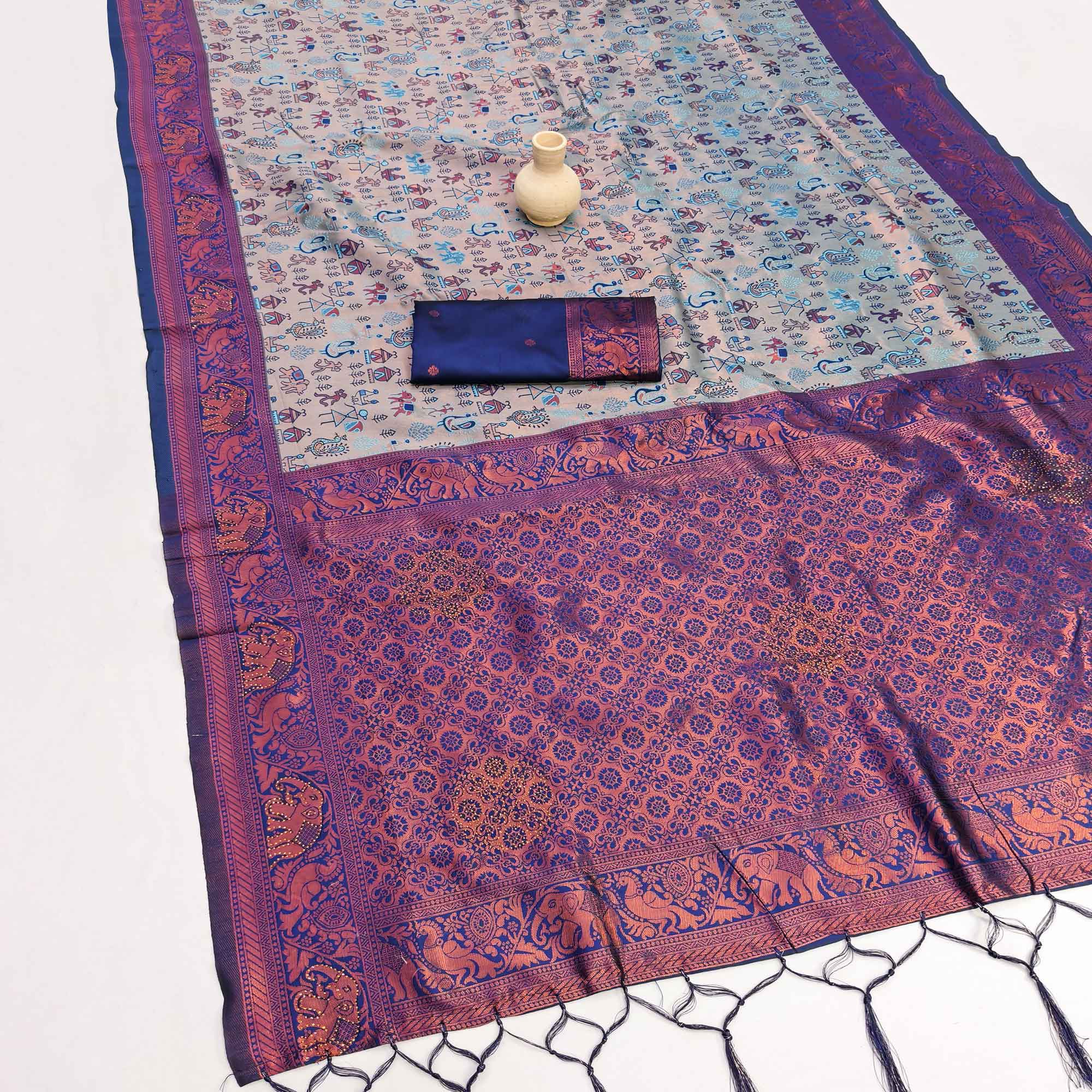 Greyish Blue & Royal Blue Classic Tissue Silk Saree Highlighted with Fine Zari Woven Motifs