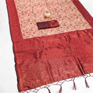 Beige & Maroon Classic Tissue Silk Saree Highlighted with Fine Zari Woven Motifs
