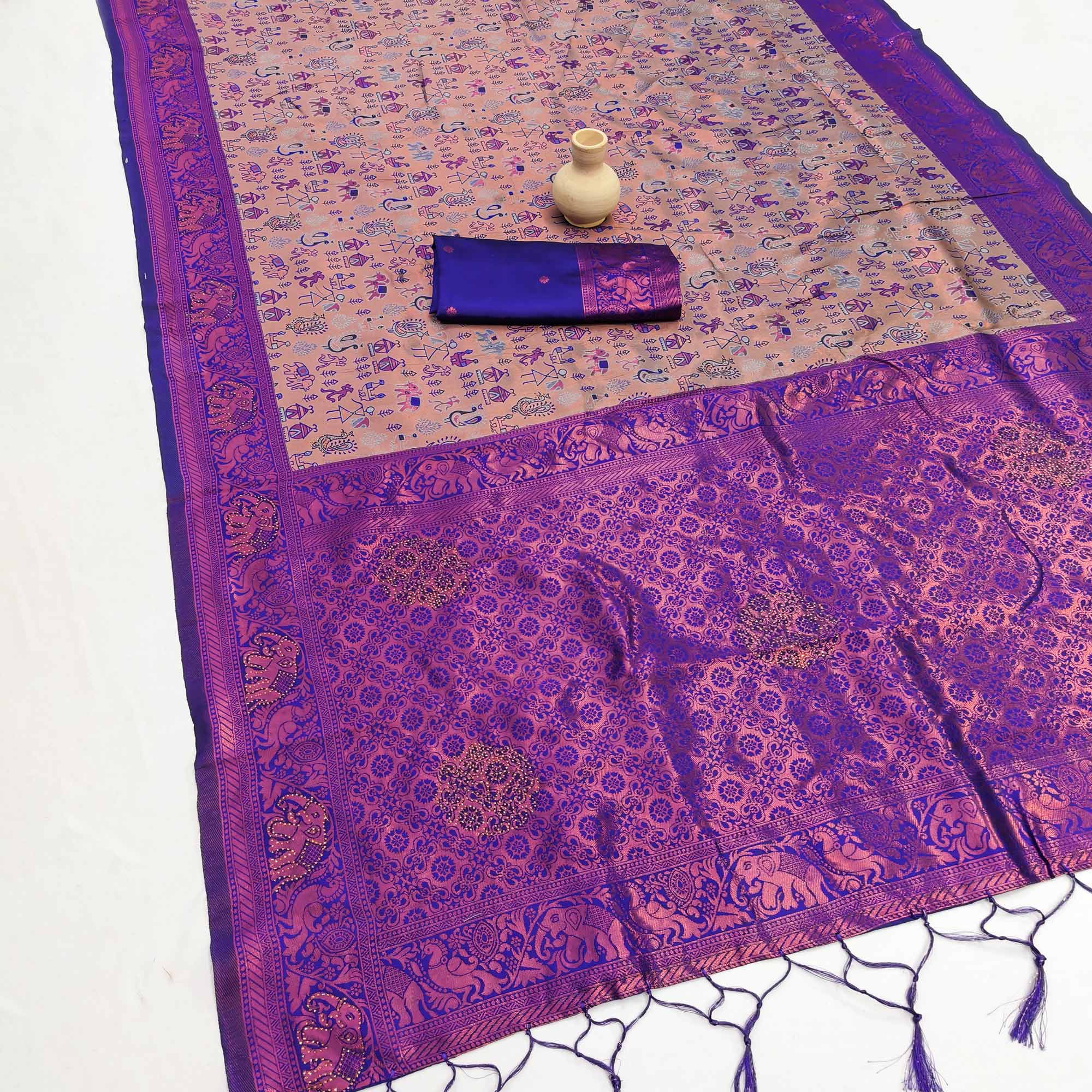Beige & Violet Classic Tissue Silk Saree Highlighted with Fine Zari Woven Motifs