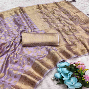 Radiant Lavender Tissue Banarasi Saree With Intricate Floral Zari Weaving & Stone Embellishments
