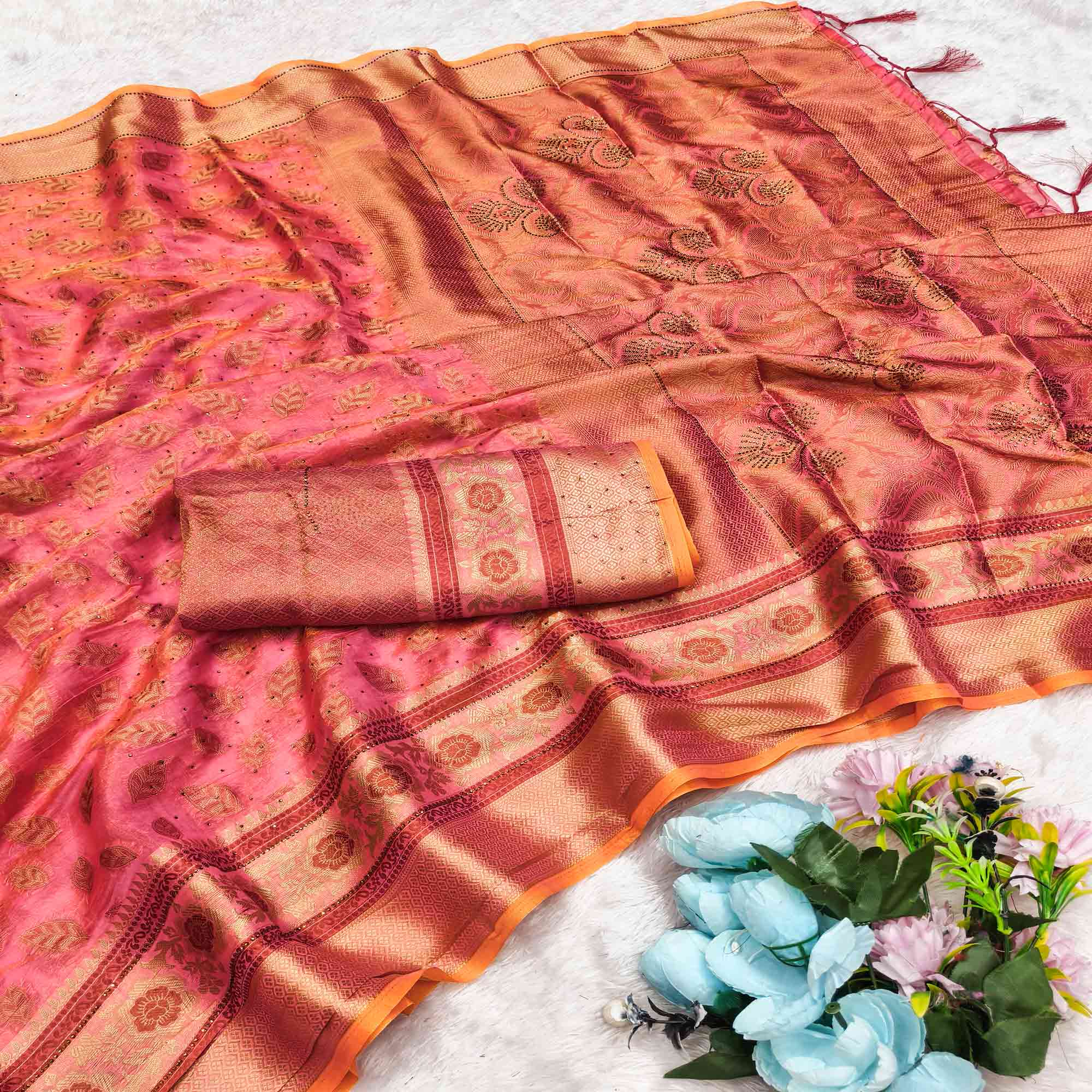 Pink Woven Banarasi Crunchy Silk Saree With Leaf & Floral Motifs Accented By Sparkling Stone