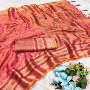 Pink Woven Banarasi Crunchy Silk Saree With Leaf & Floral Motifs Accented By Sparkling Stone