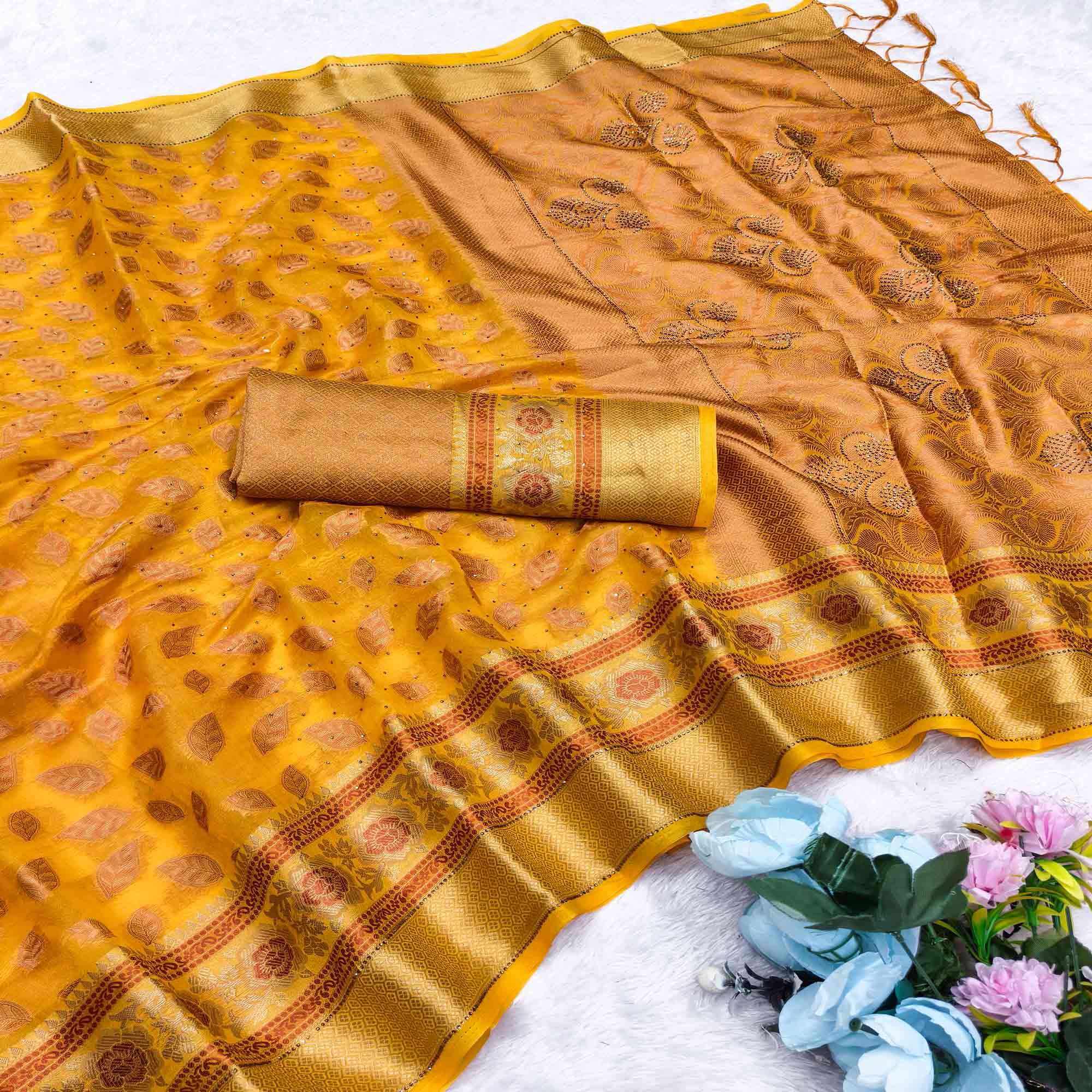 Yellow Woven Banarasi Crunchy Silk Saree With Leaf & Floral Motifs Accented By Sparkling Stone