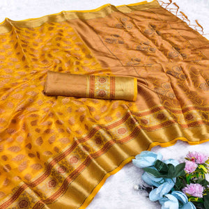 Yellow Woven Banarasi Crunchy Silk Saree With Leaf & Floral Motifs Accented By Sparkling Stone