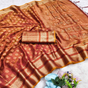 Stunning Brick Red Floral Weaving Banarasi Crushy Silk Saree With Stone Work & Tassel Pallu