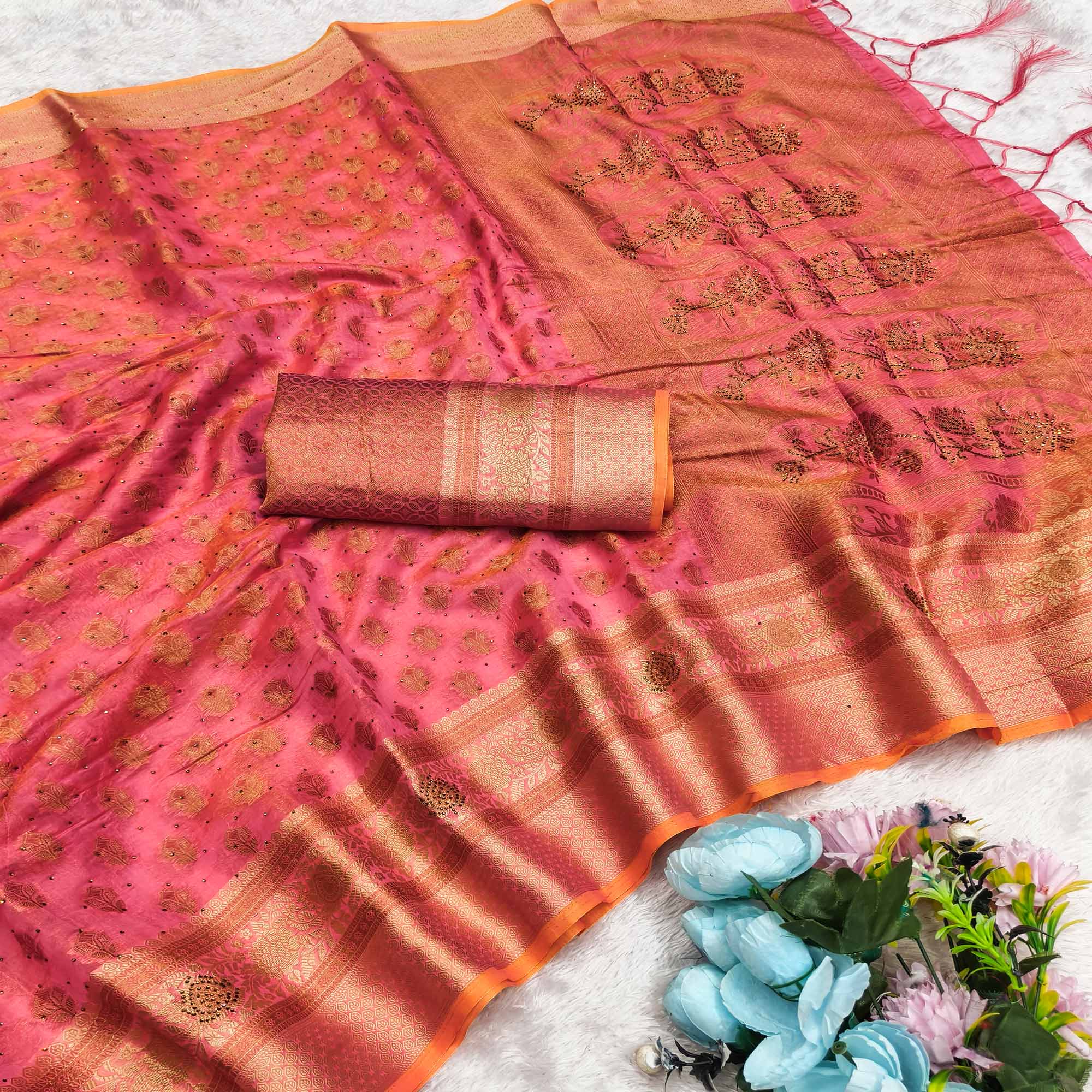 Stunning Pink Floral Weaving Banarasi Crushy Silk Saree With Stone Work & Tassel Pallu