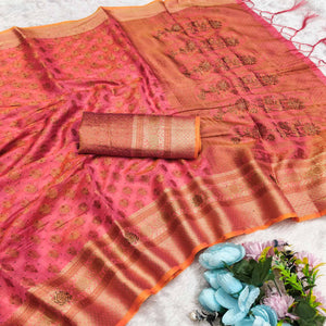 Stunning Pink Floral Weaving Banarasi Crushy Silk Saree With Stone Work & Tassel Pallu