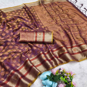 Stunning Purple Floral Weaving Banarasi Crushy Silk Saree With Stone Work & Tassel Pallu