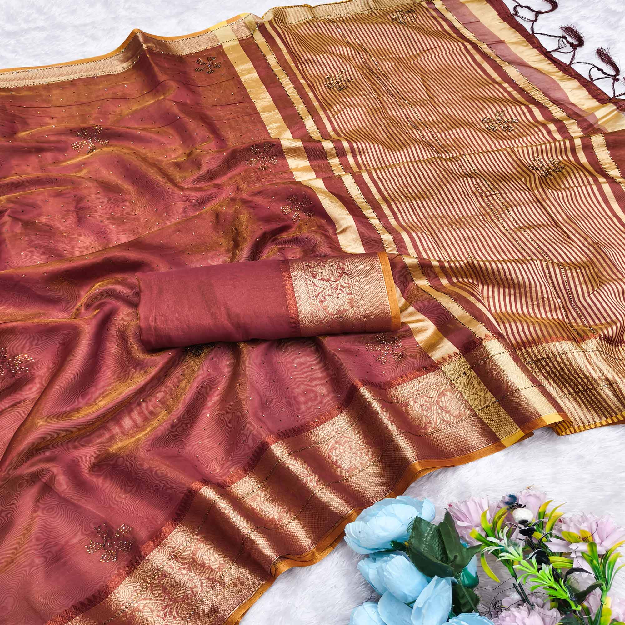 Exquisite Brick Red Floral Weaving Banarasi Crushy Silk Saree With Sparkling Stone Work