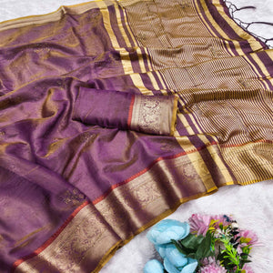Exquisite Purple Floral Weaving Banarasi Crushy Silk Saree With Sparkling Stone Work
