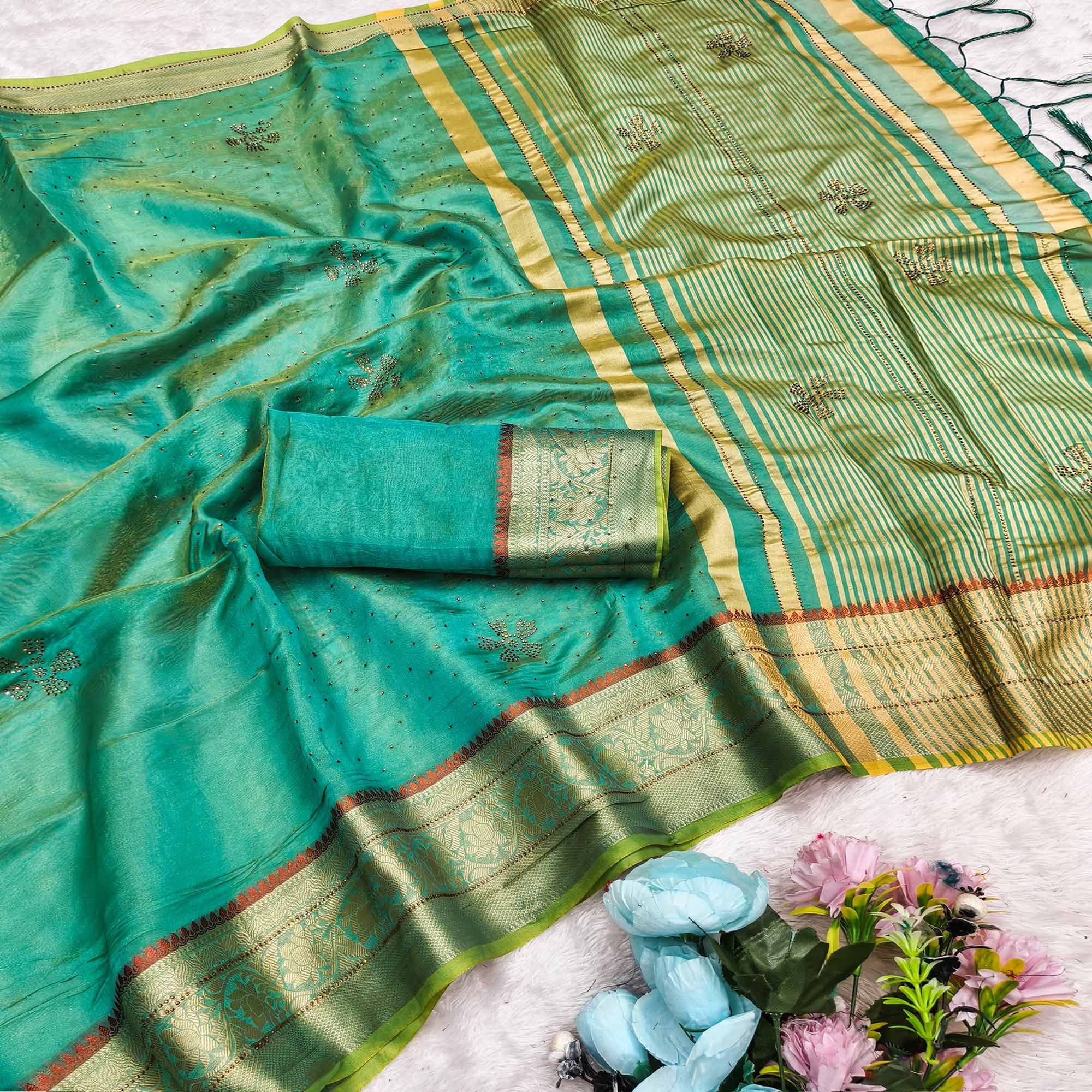 Exquisite Turquoise Floral Weaving Banarasi Crushy Silk Saree With Sparkling Stone Work