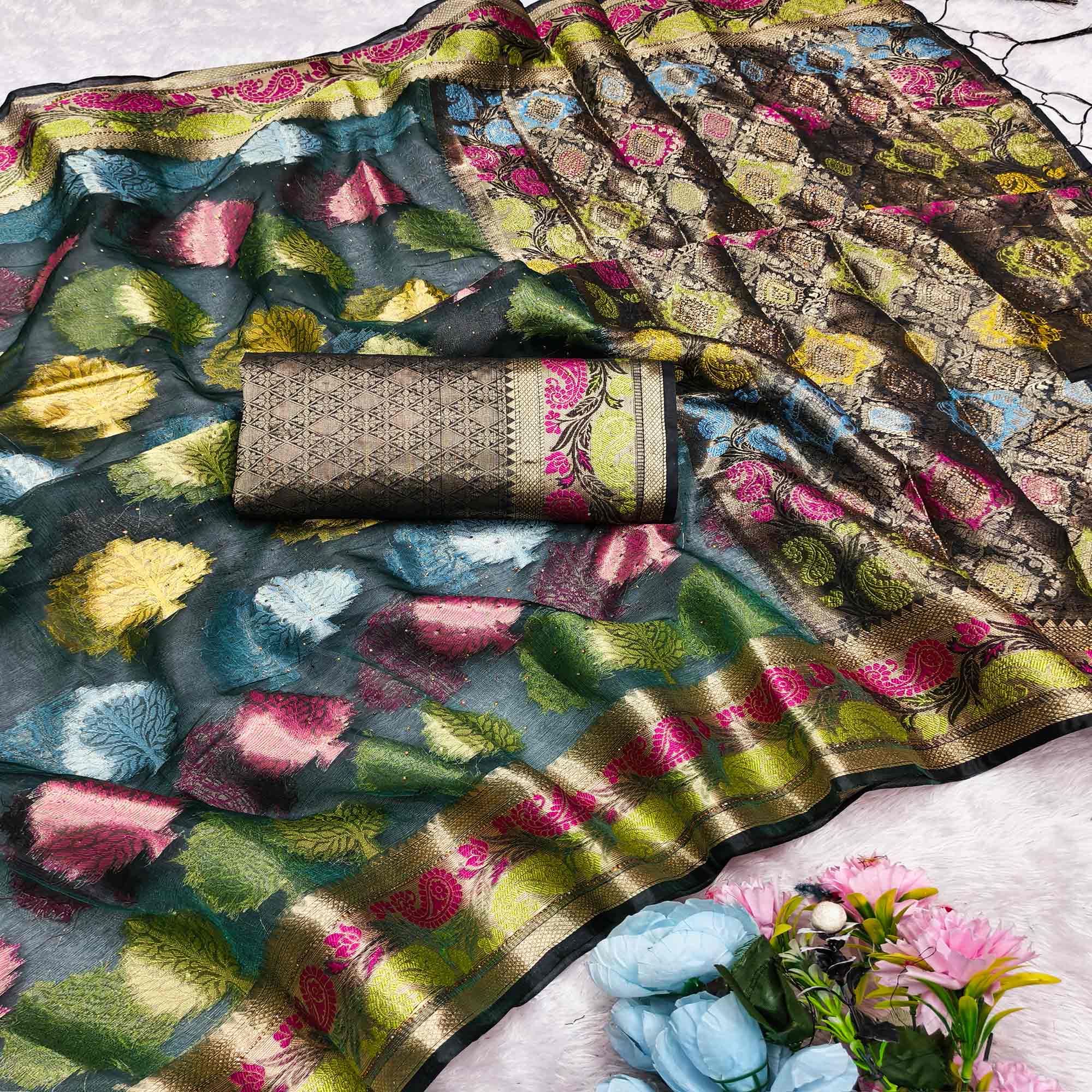 Graceful Green Banarasi Silk Saree Enhanced With Tree Motif Zari Weaving & Stone Work