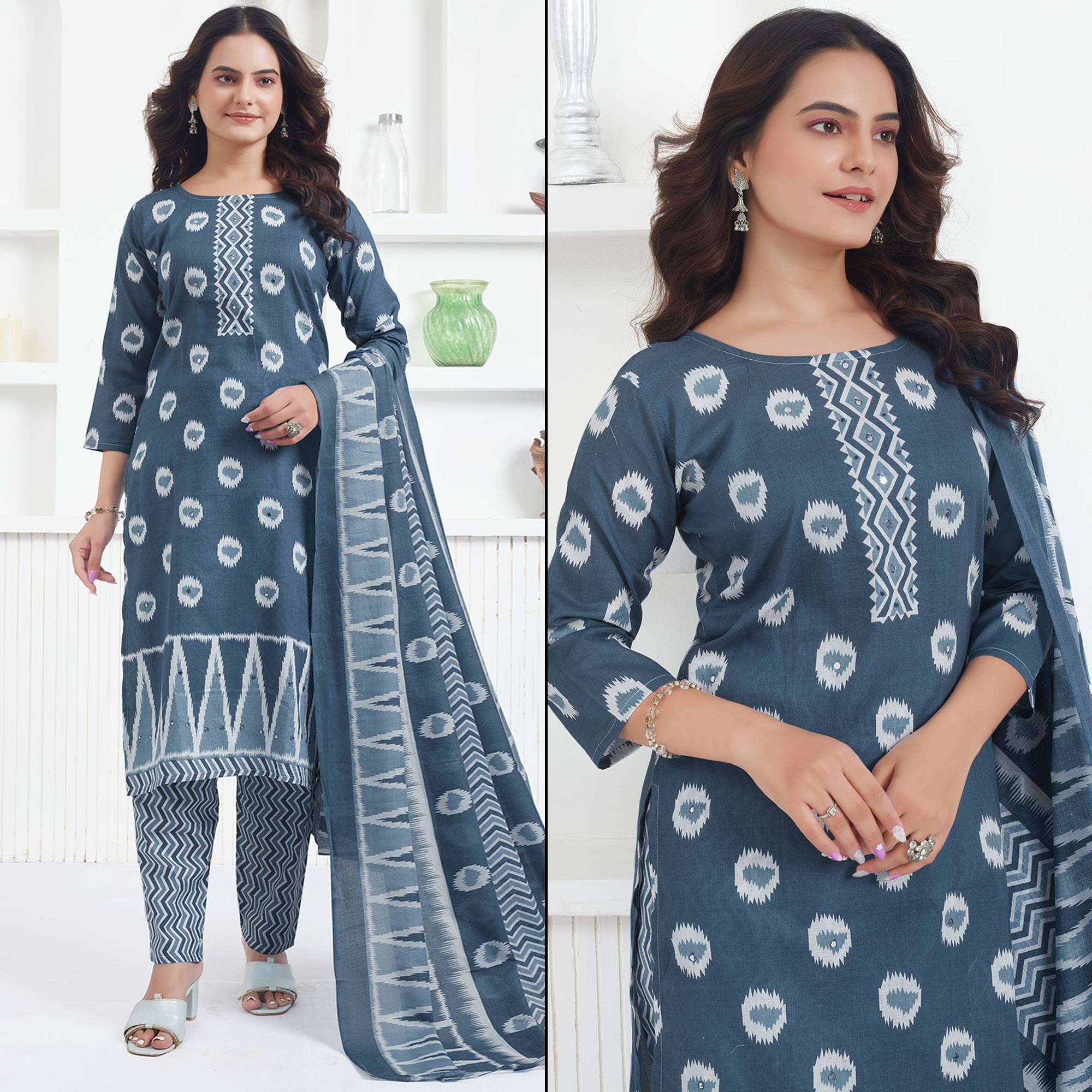 Grey Printed Pure Cotton Salwar Suit With Mirror Work