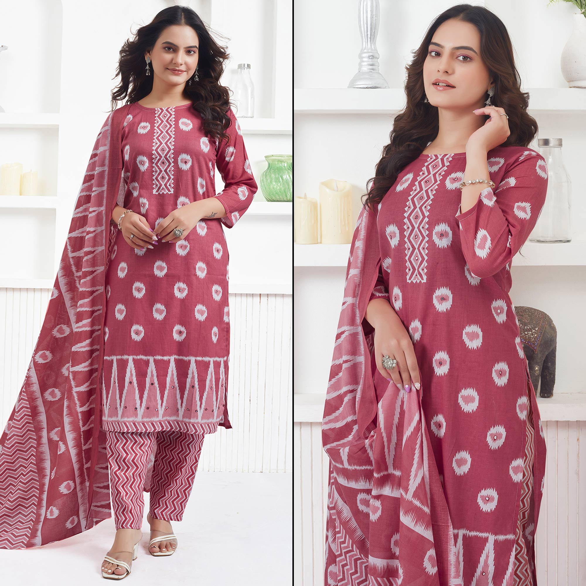 Light Red Printed Pure Cotton Salwar Suit With Mirror Work