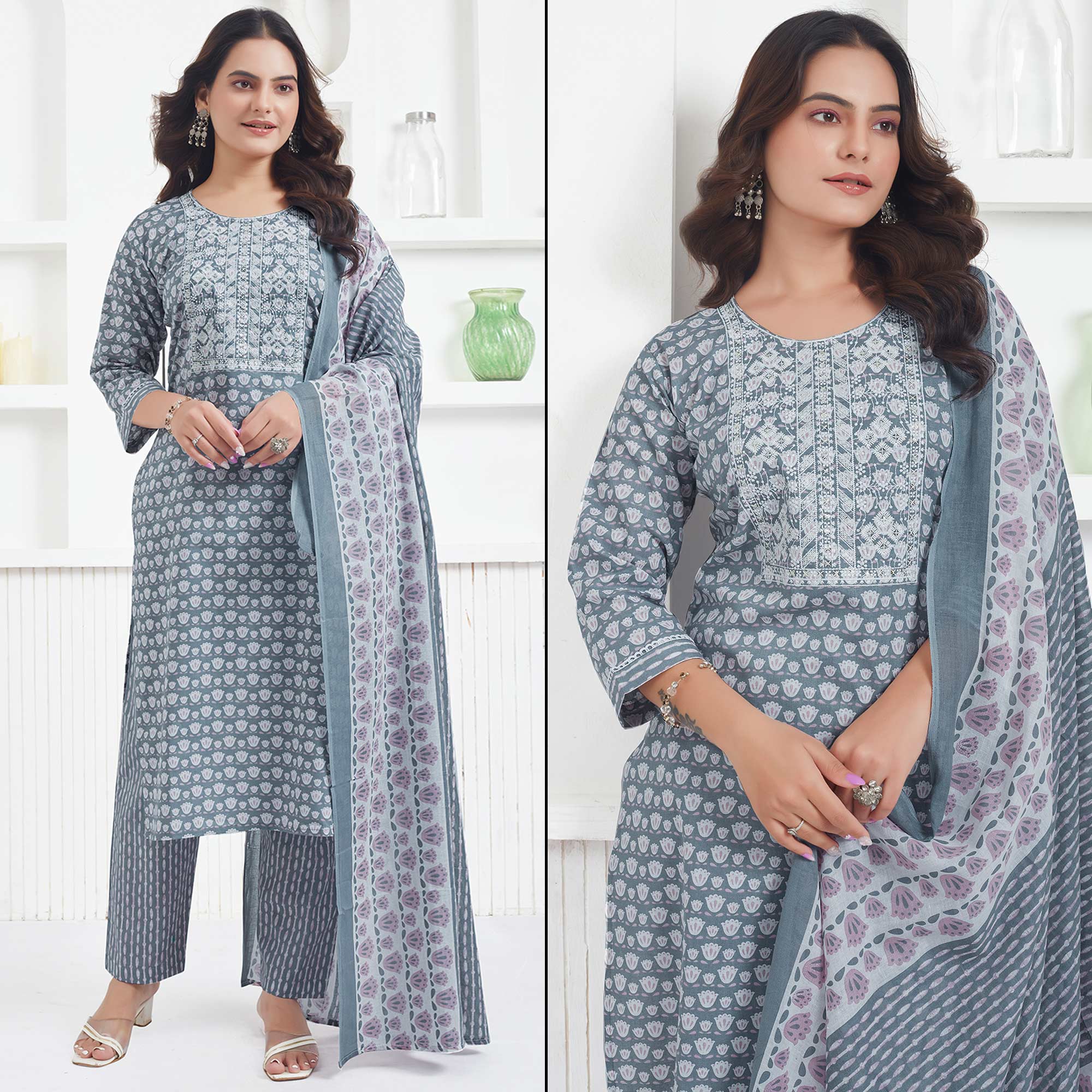 Grey Printed Pure Cotton Salwar Suit With Sequins Work