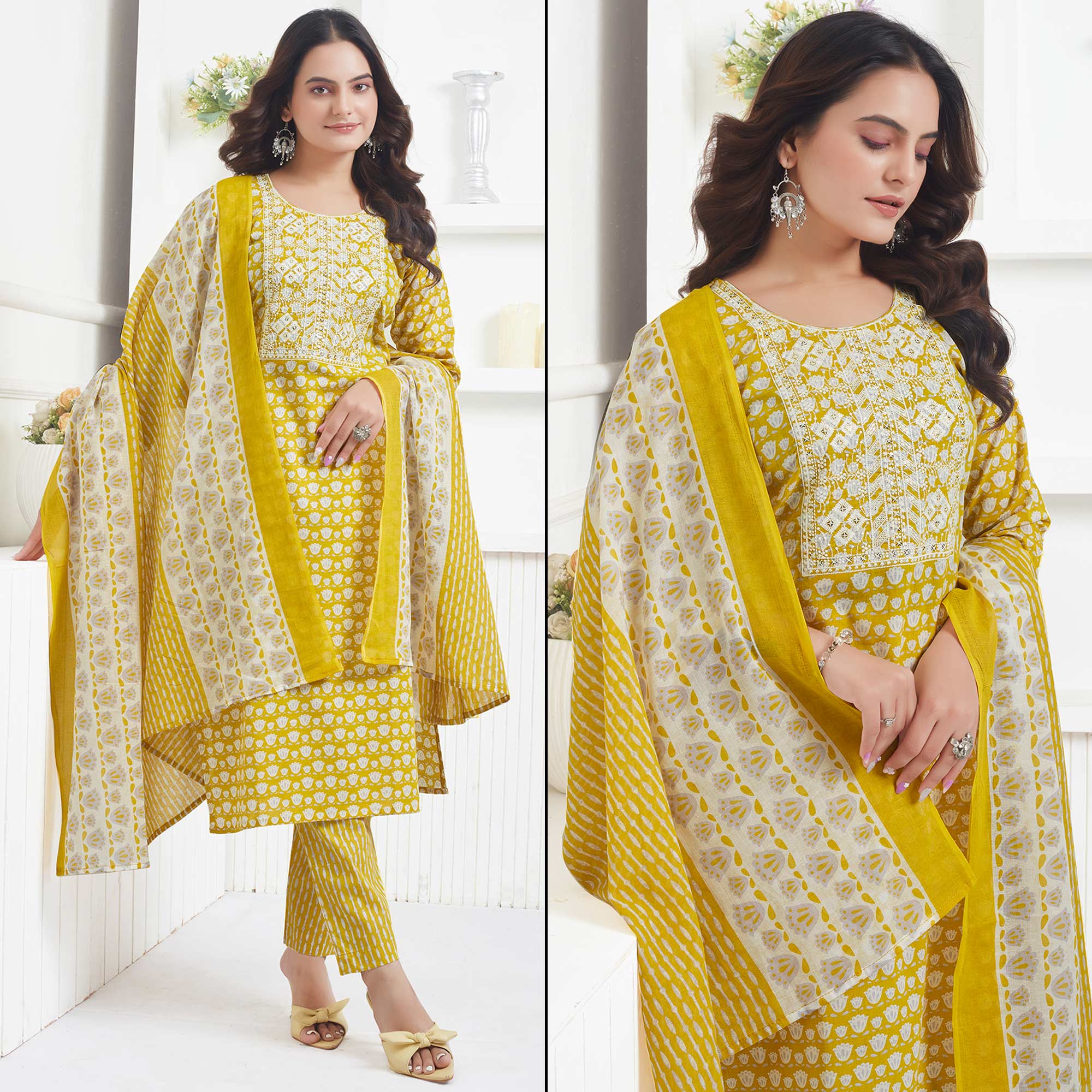 Mustard Printed Pure Cotton Salwar Suit With Sequins Work