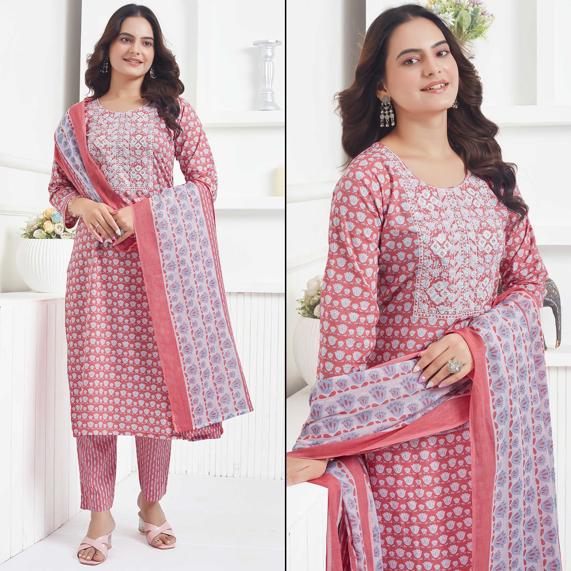 Peach Printed Pure Cotton Salwar Suit With Sequins Work