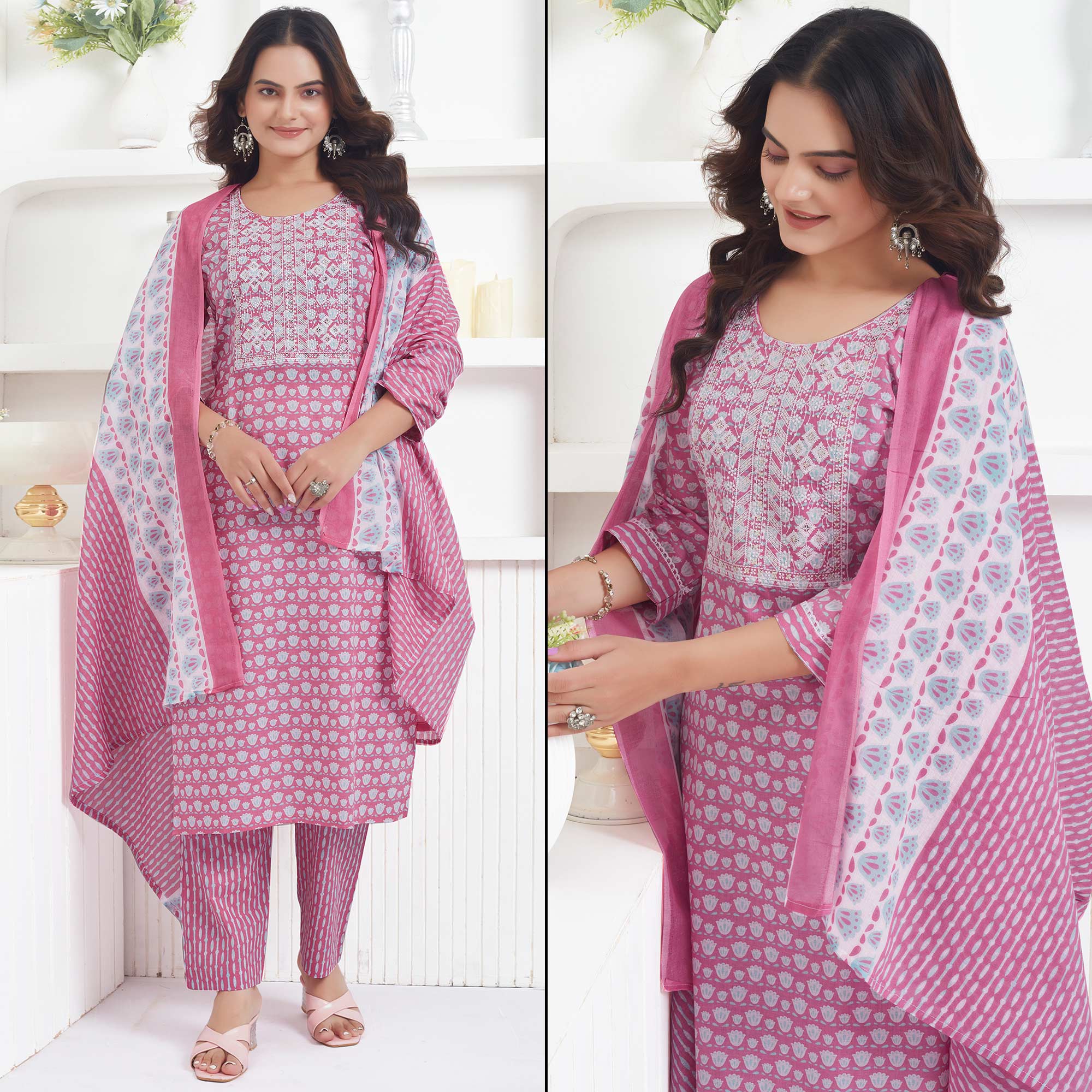 Pink Printed Pure Cotton Salwar Suit With Sequins Work