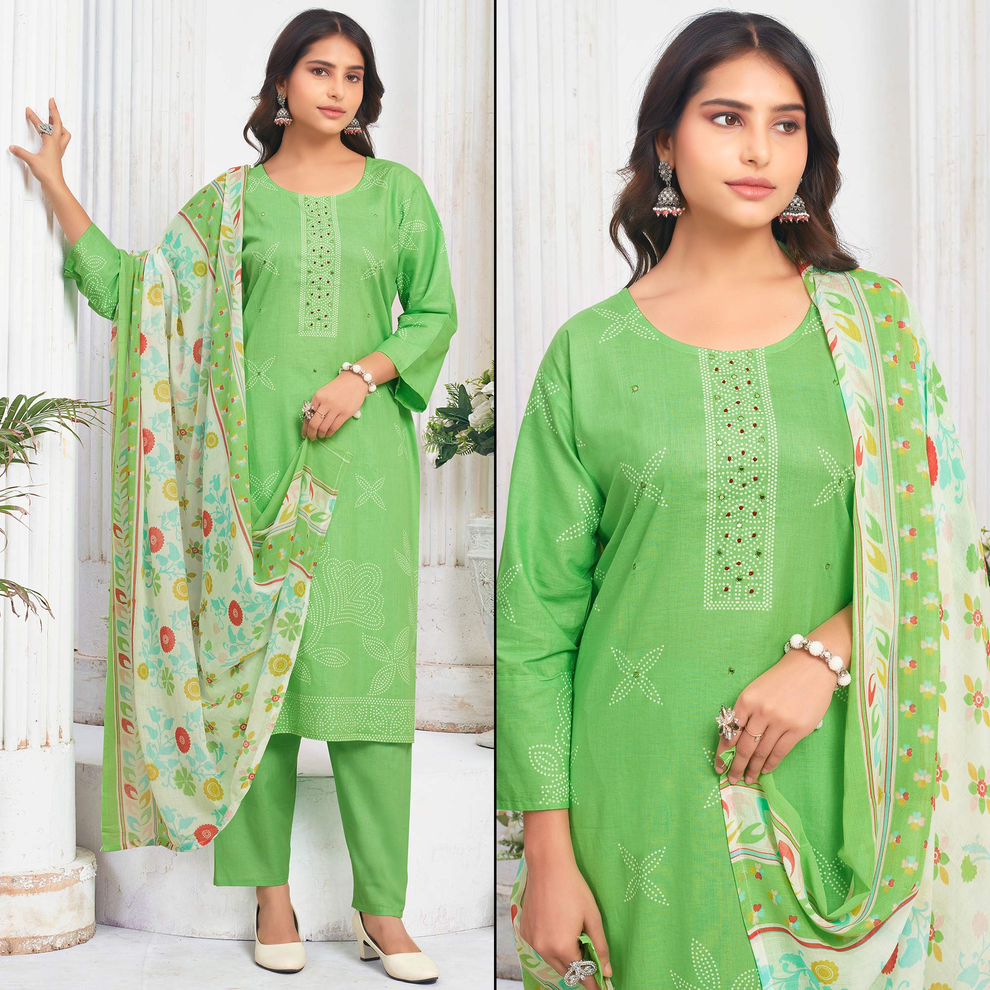 Green Floral Printed Pure Cotton Salwar Suit