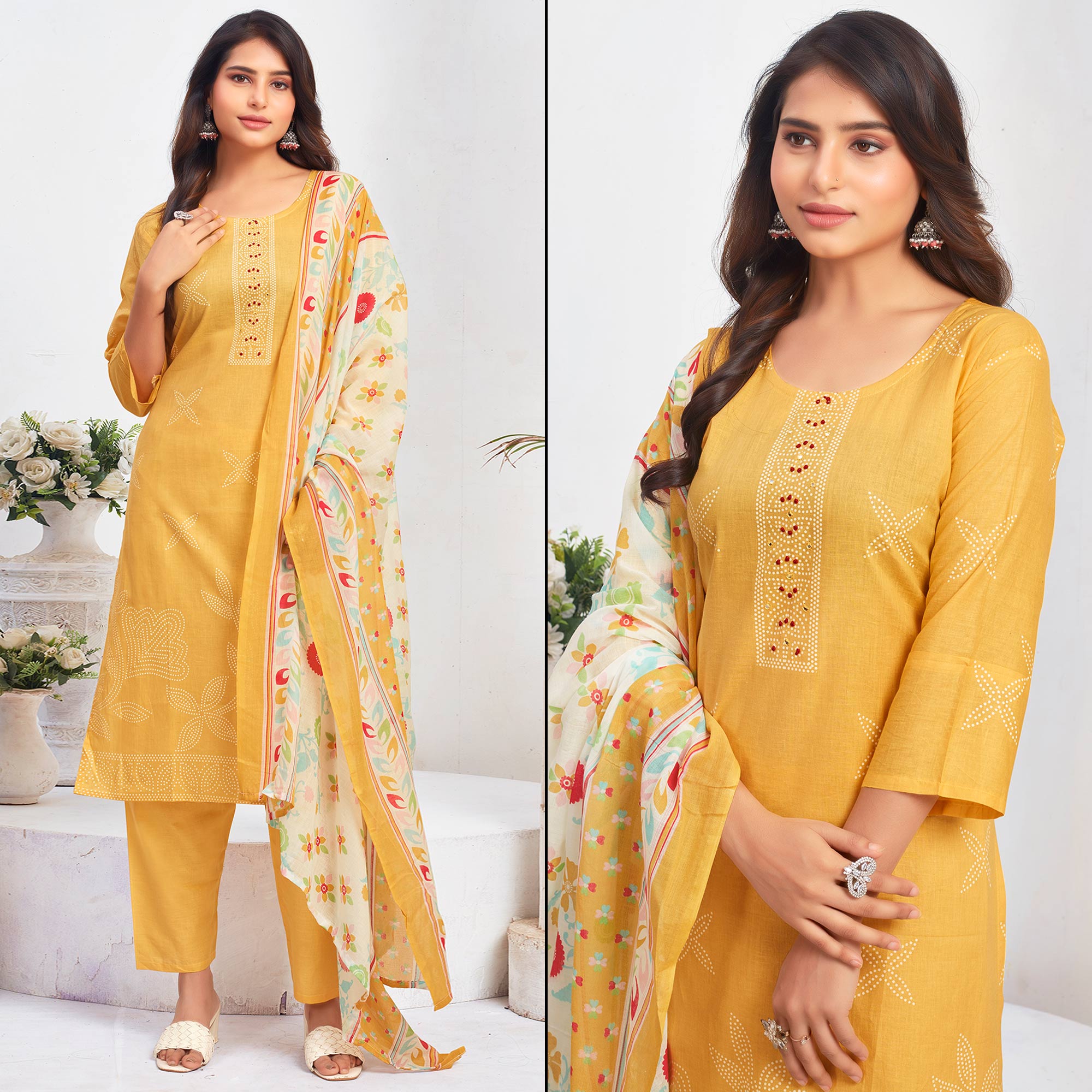 Mustard Floral Printed Pure Cotton Salwar Suit